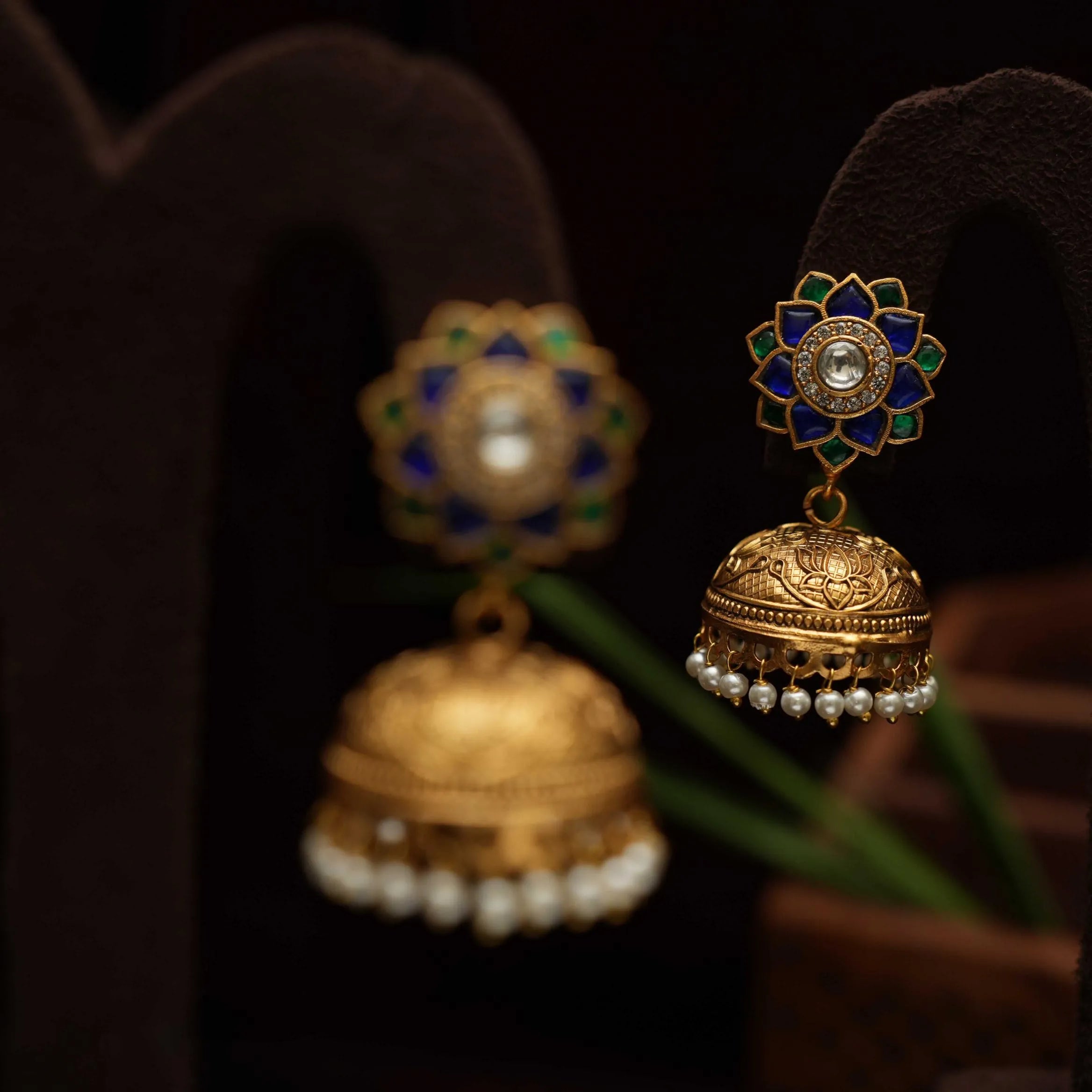 Vaisiri Polki Jhumka - Blue & Green