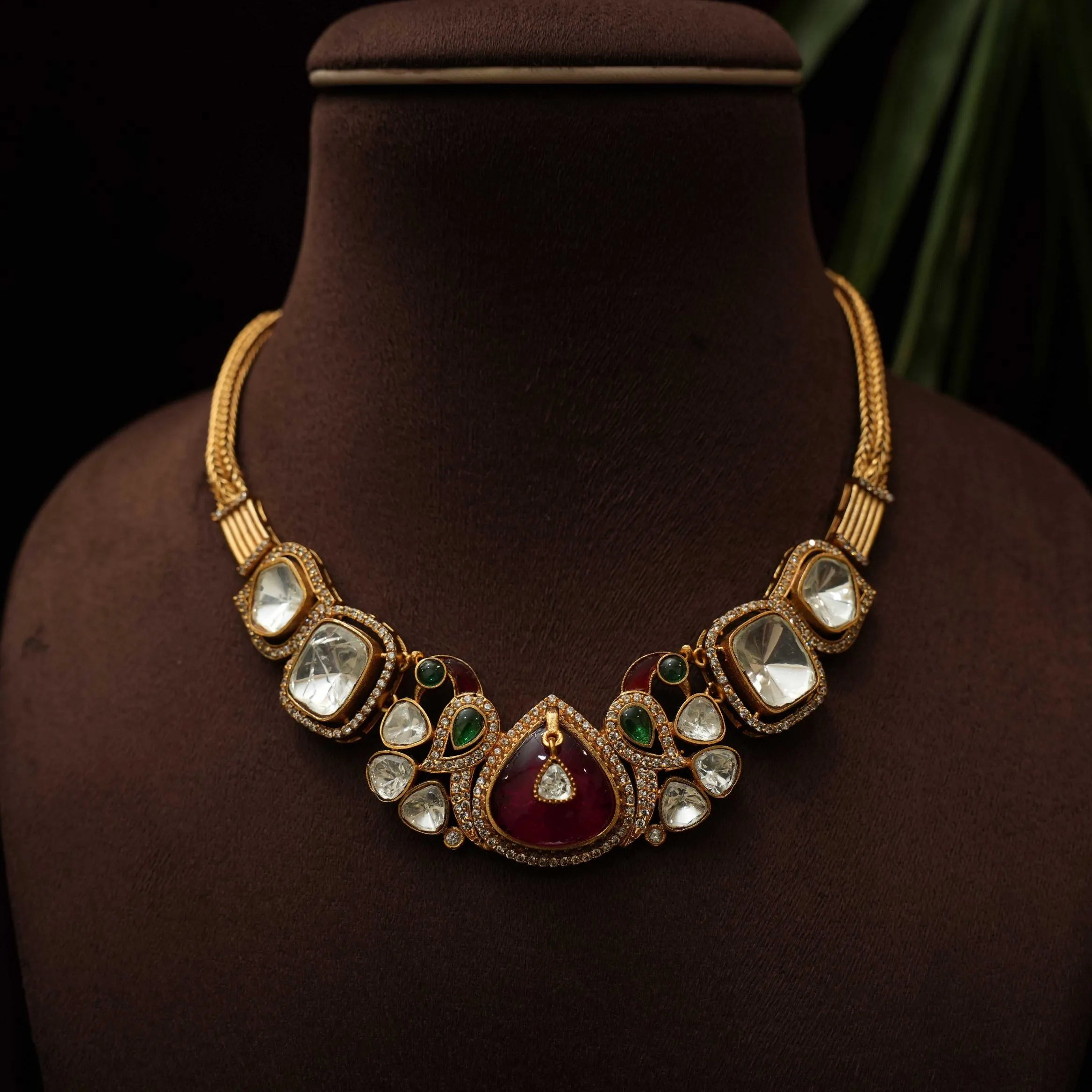 Varshu Polki Necklace - Red & Green