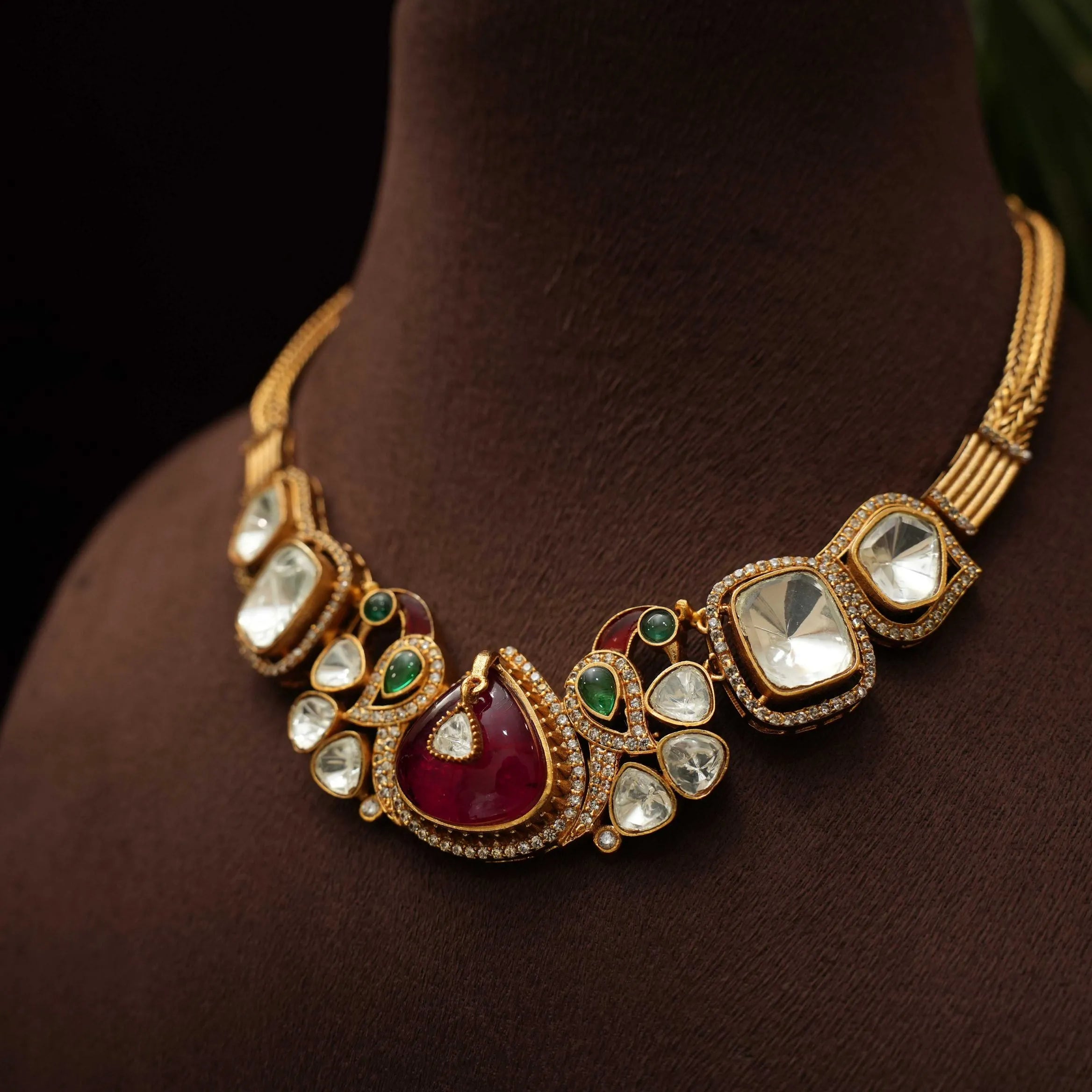 Varshu Polki Necklace - Red & Green