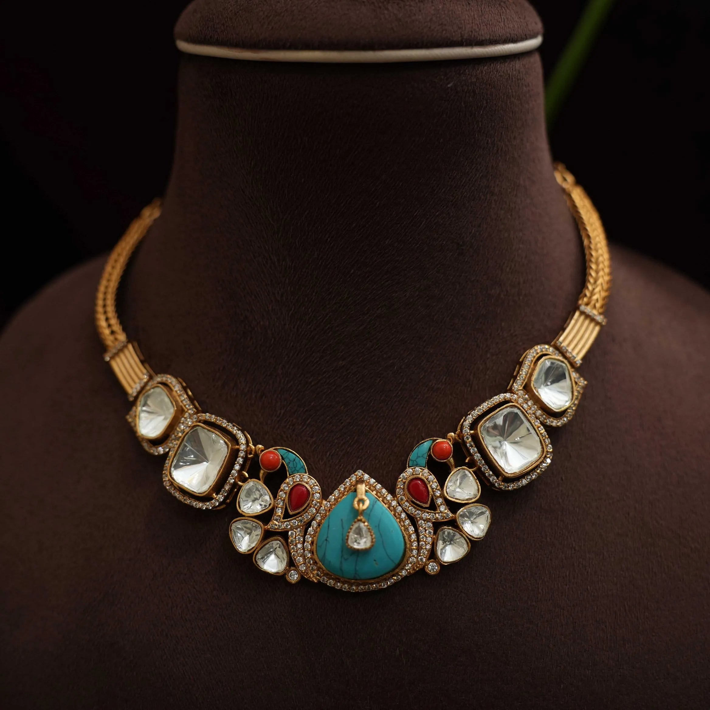 Varshu Polki Necklace - Turquoise & Red