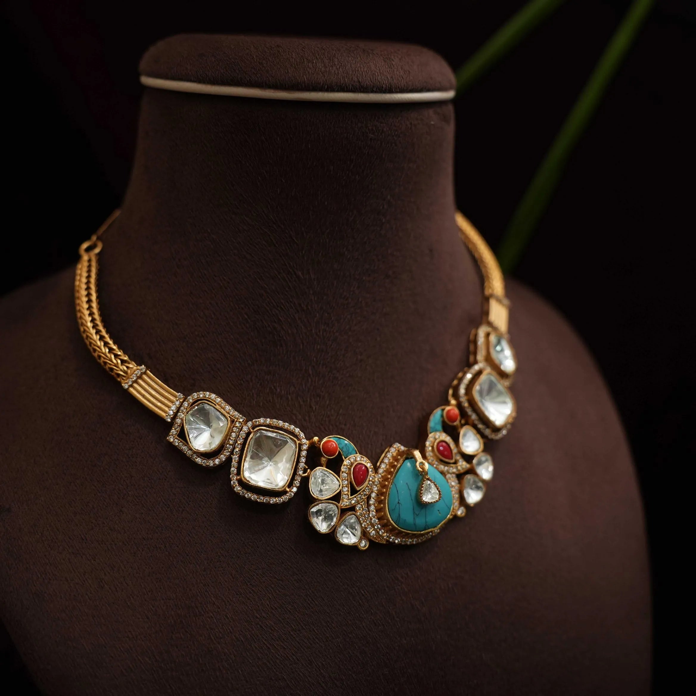 Varshu Polki Necklace - Turquoise & Red