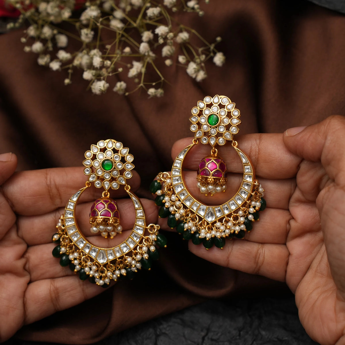 Tara Polki Chandbali Earrings - Green and Red