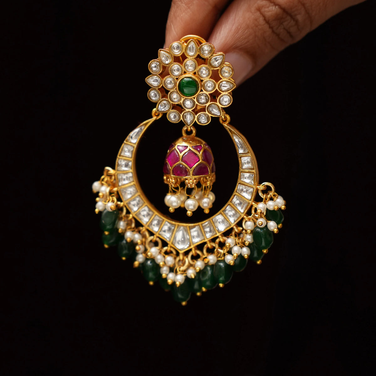Tara Polki Chandbali Earrings - Green and Red