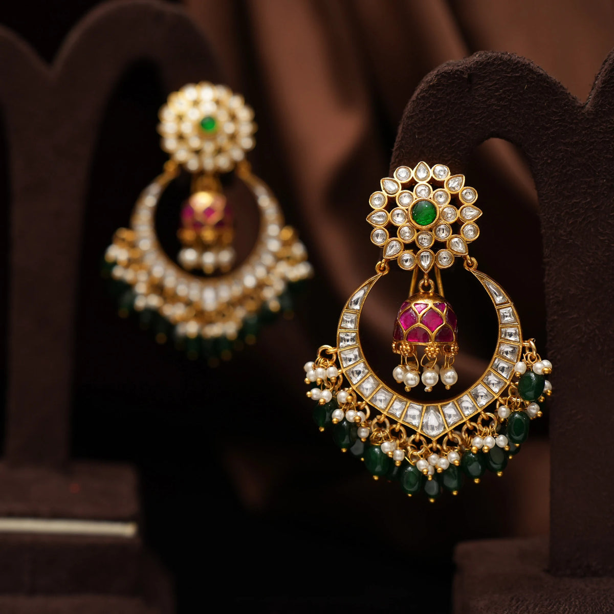 Tara Polki Chandbali Earrings - Green and Red
