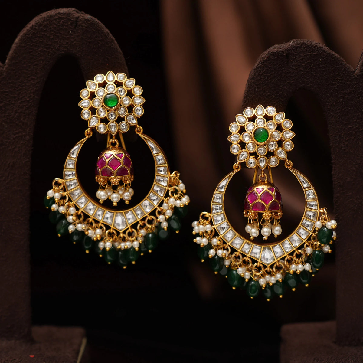 Tara Polki Chandbali Earrings - Green and Red
