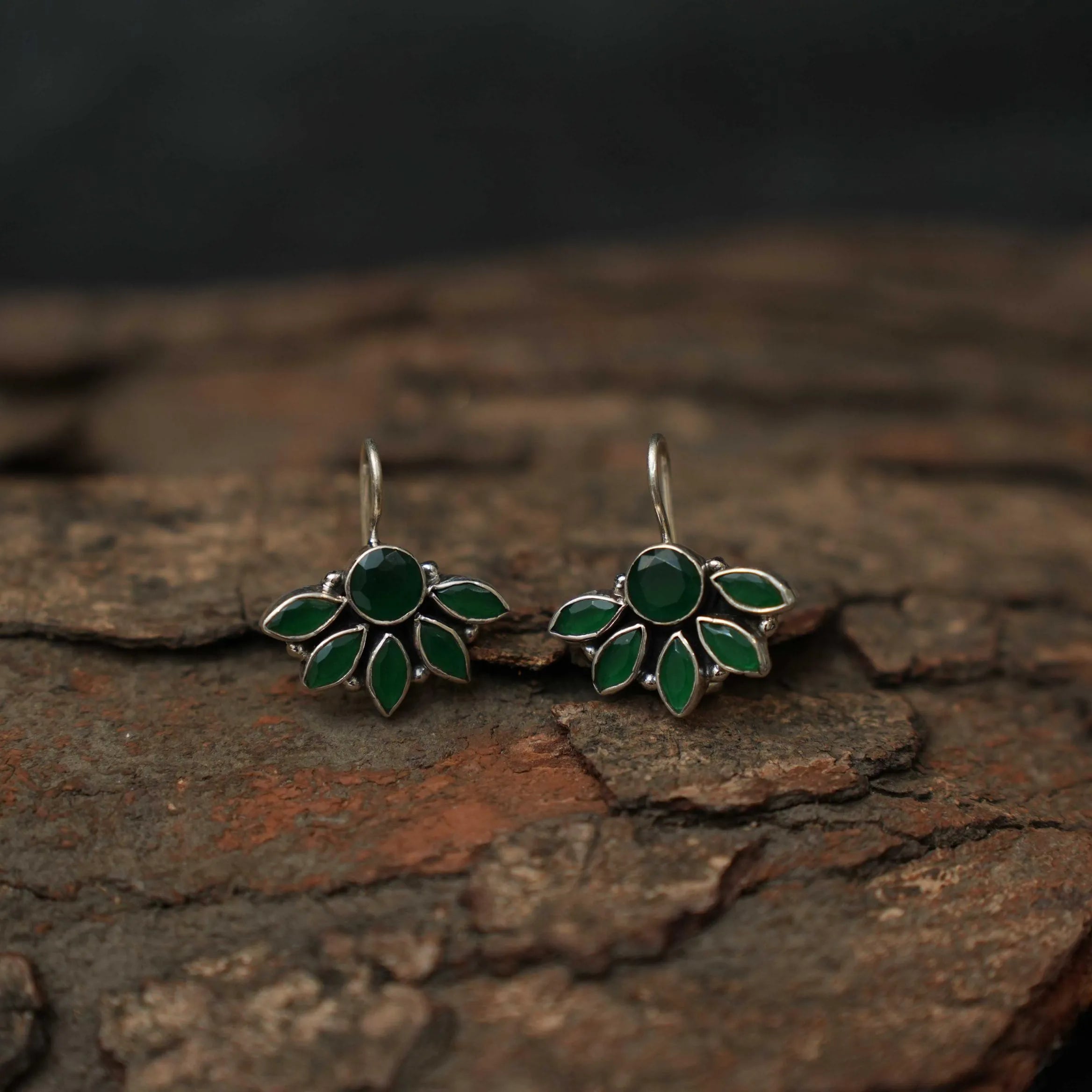 Vedika Silver Oxidised Ear Stud - Green