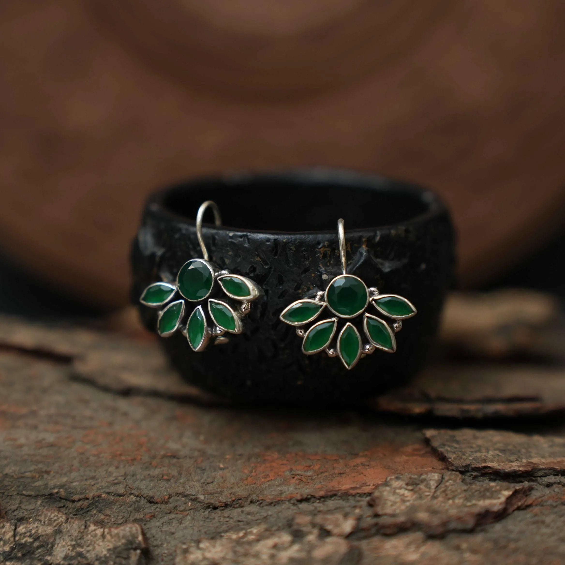 Vedika Silver Oxidised Ear Stud - Green