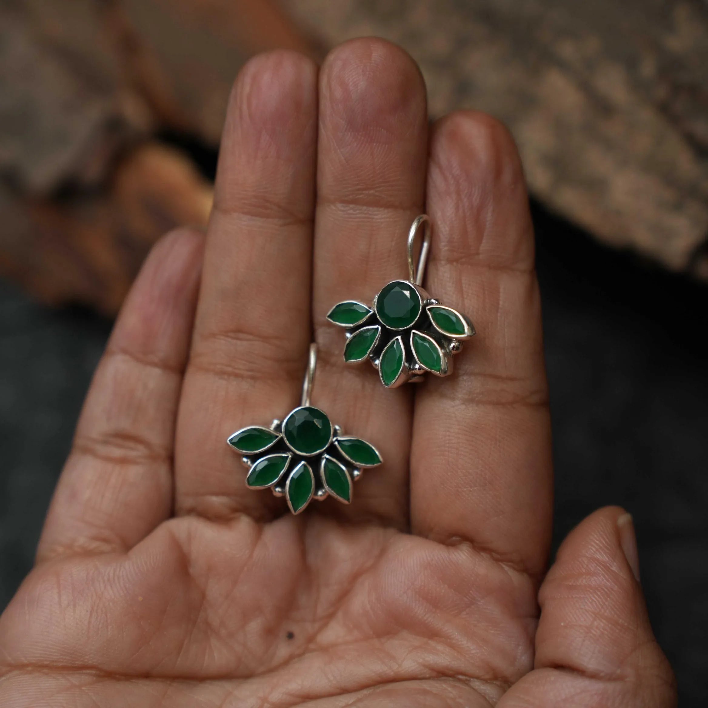 Vedika Silver Oxidised Ear Stud - Green