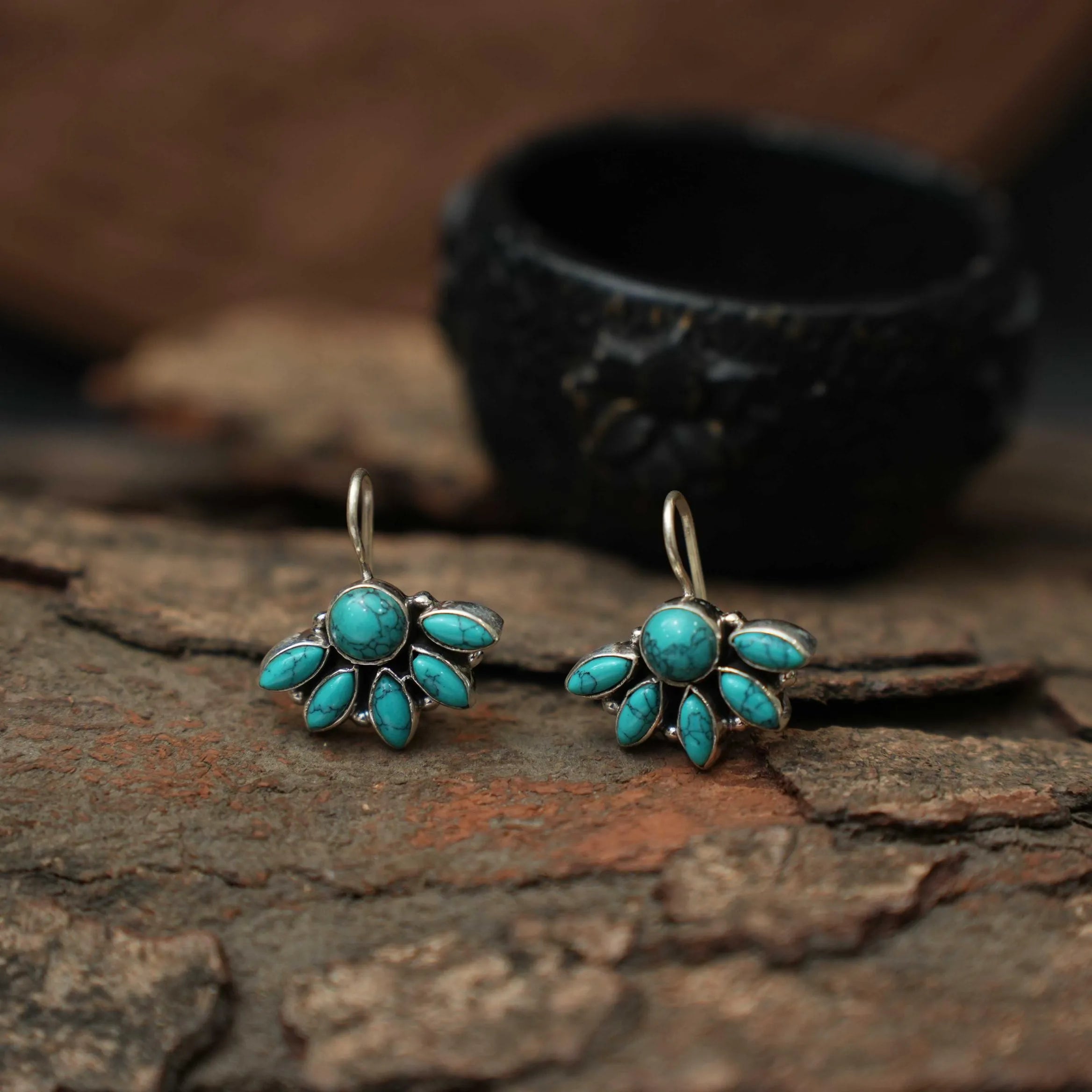 Vedika Silver Oxidised Ear Stud - Turquoise