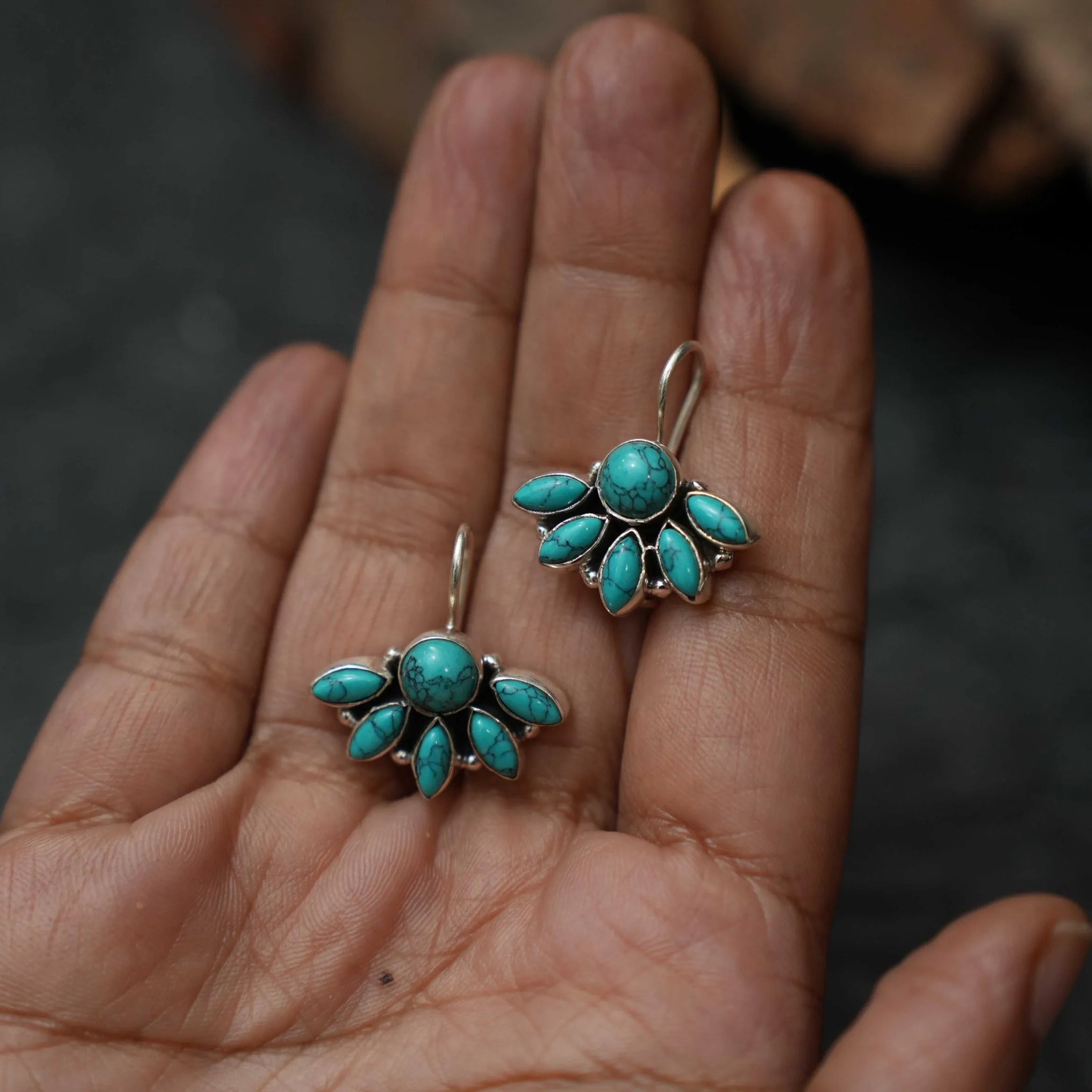 Vedika Silver Oxidised Ear Stud - Turquoise