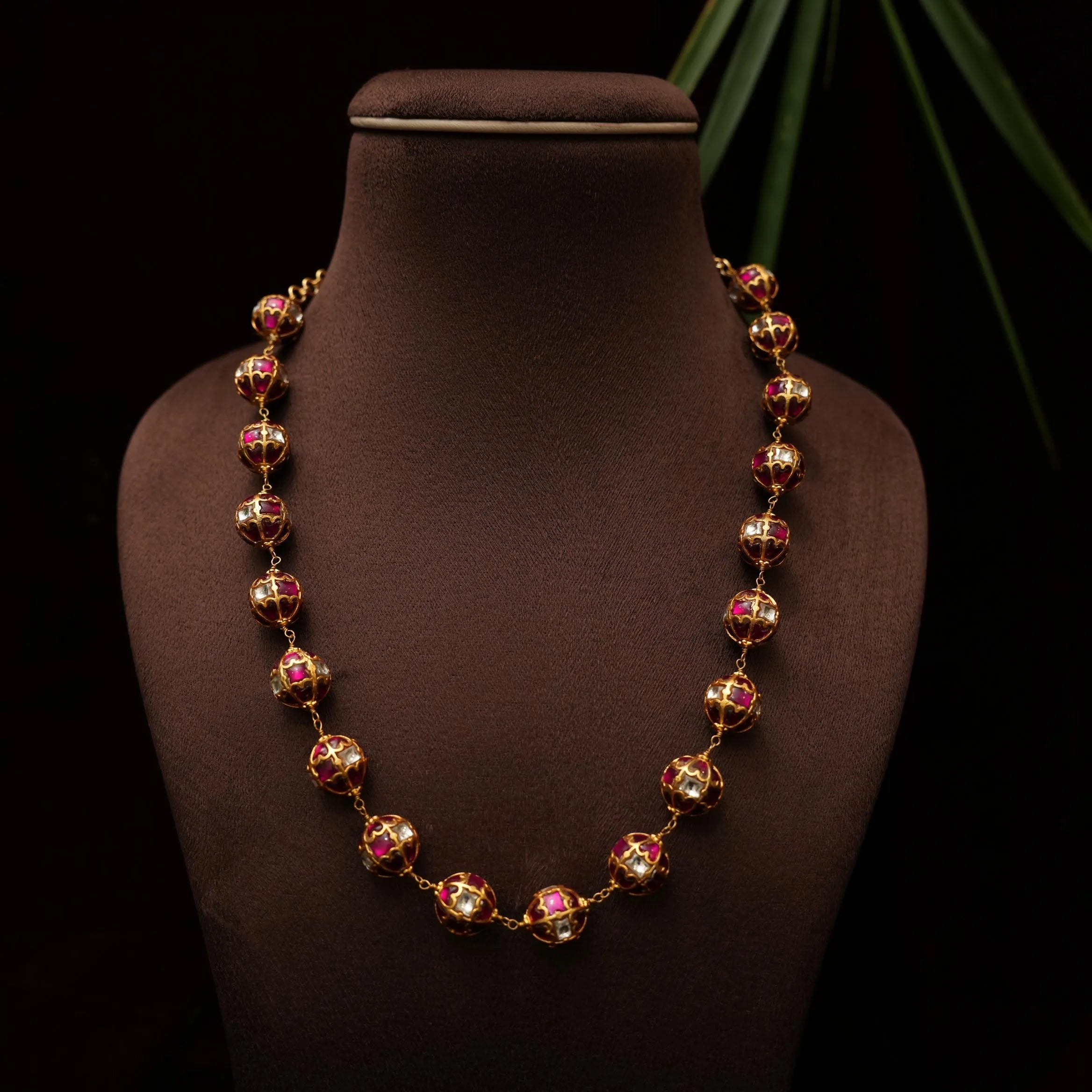 Veida Silver Beaded Necklace - Reddish Pink