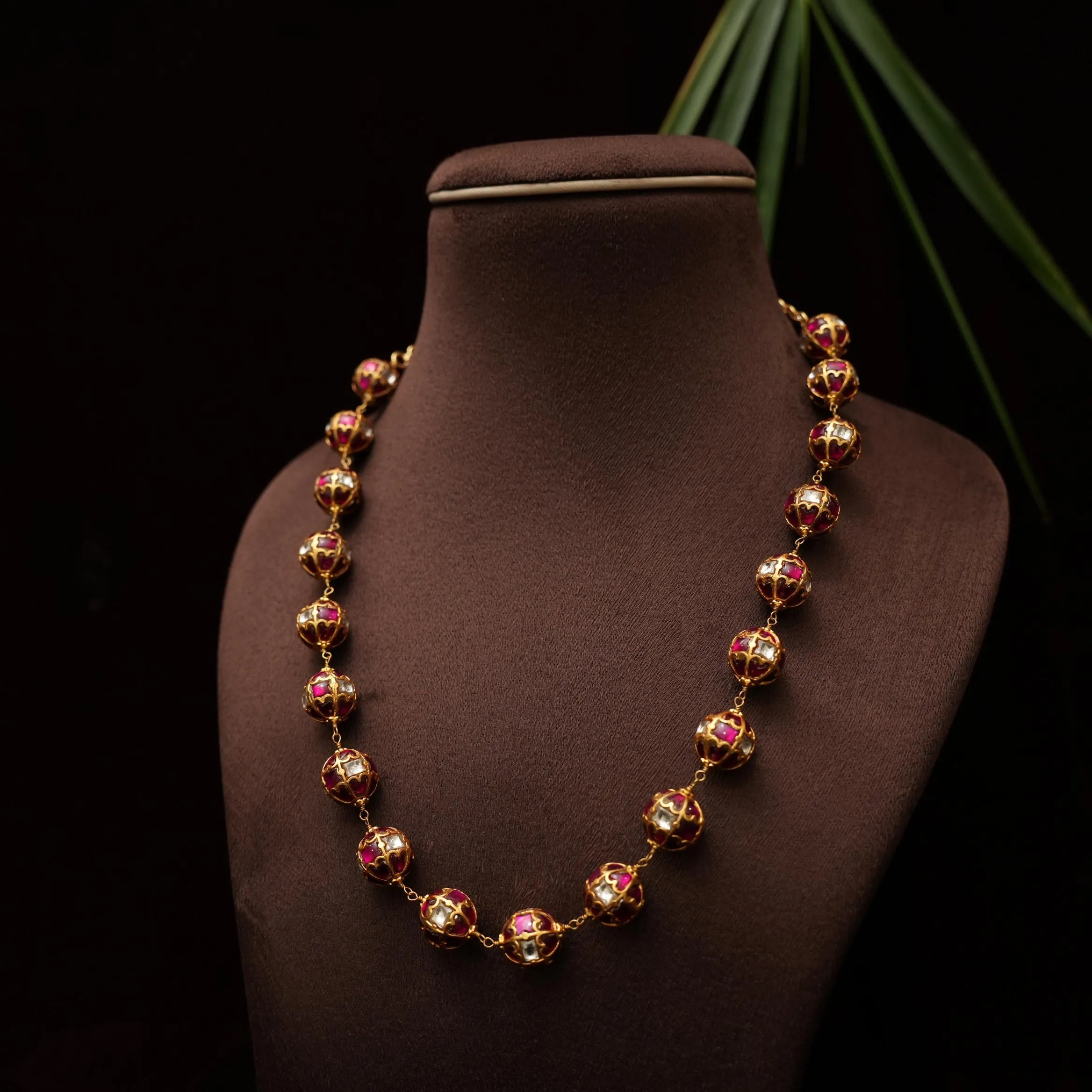 Veida Silver Beaded Necklace - Reddish Pink