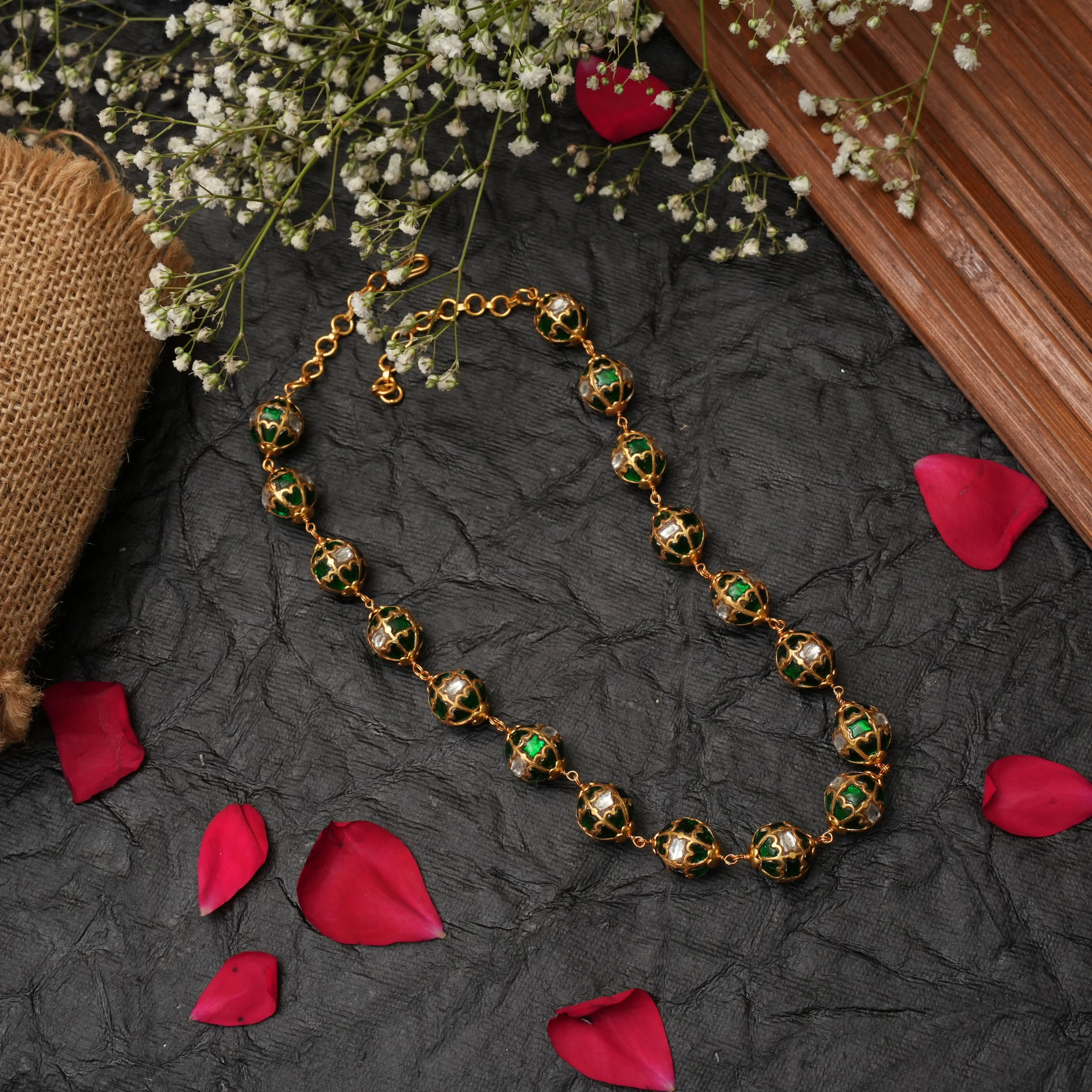 Veida Silver Beaded Necklace - Green