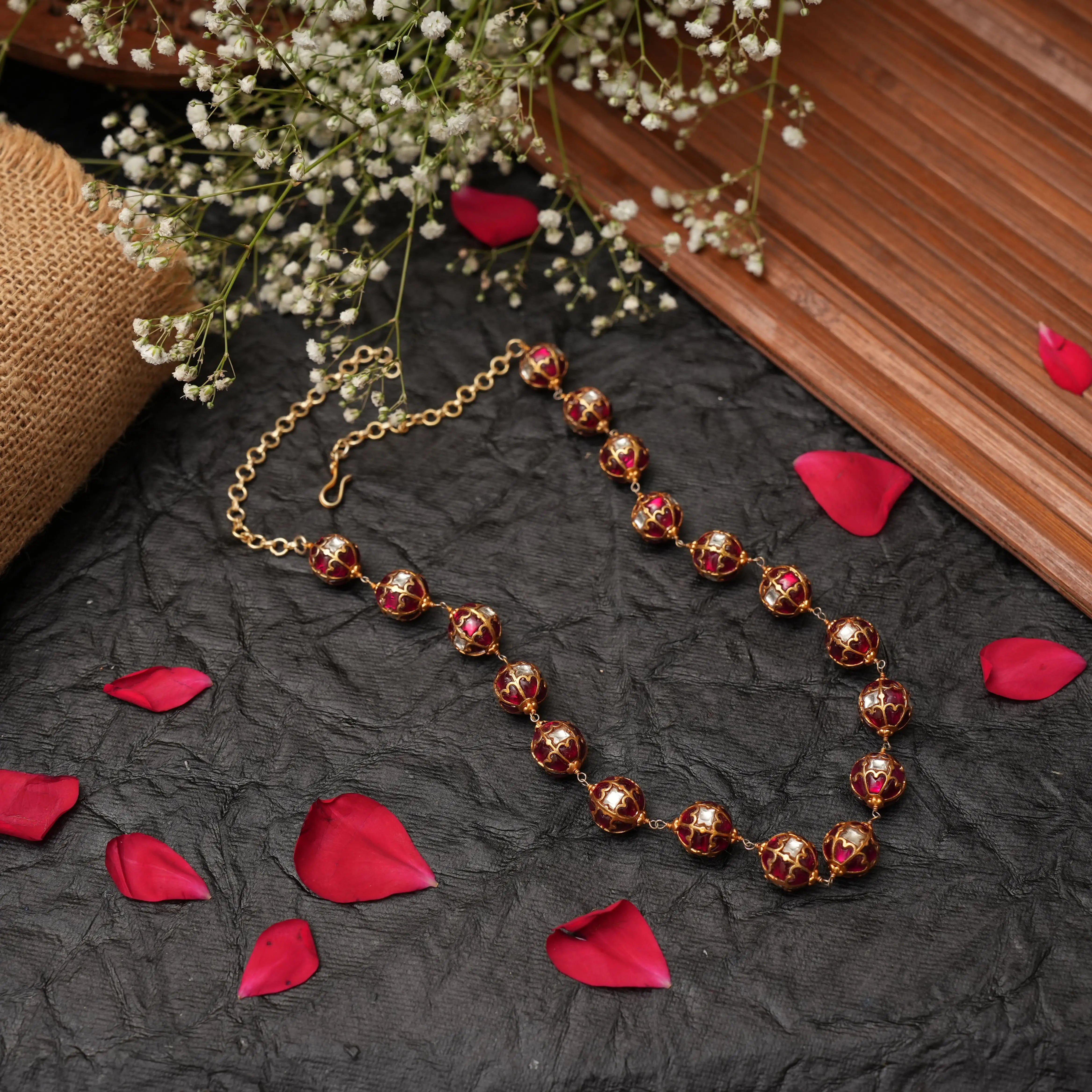 Veida Silver Beaded Necklace - Reddish Pink