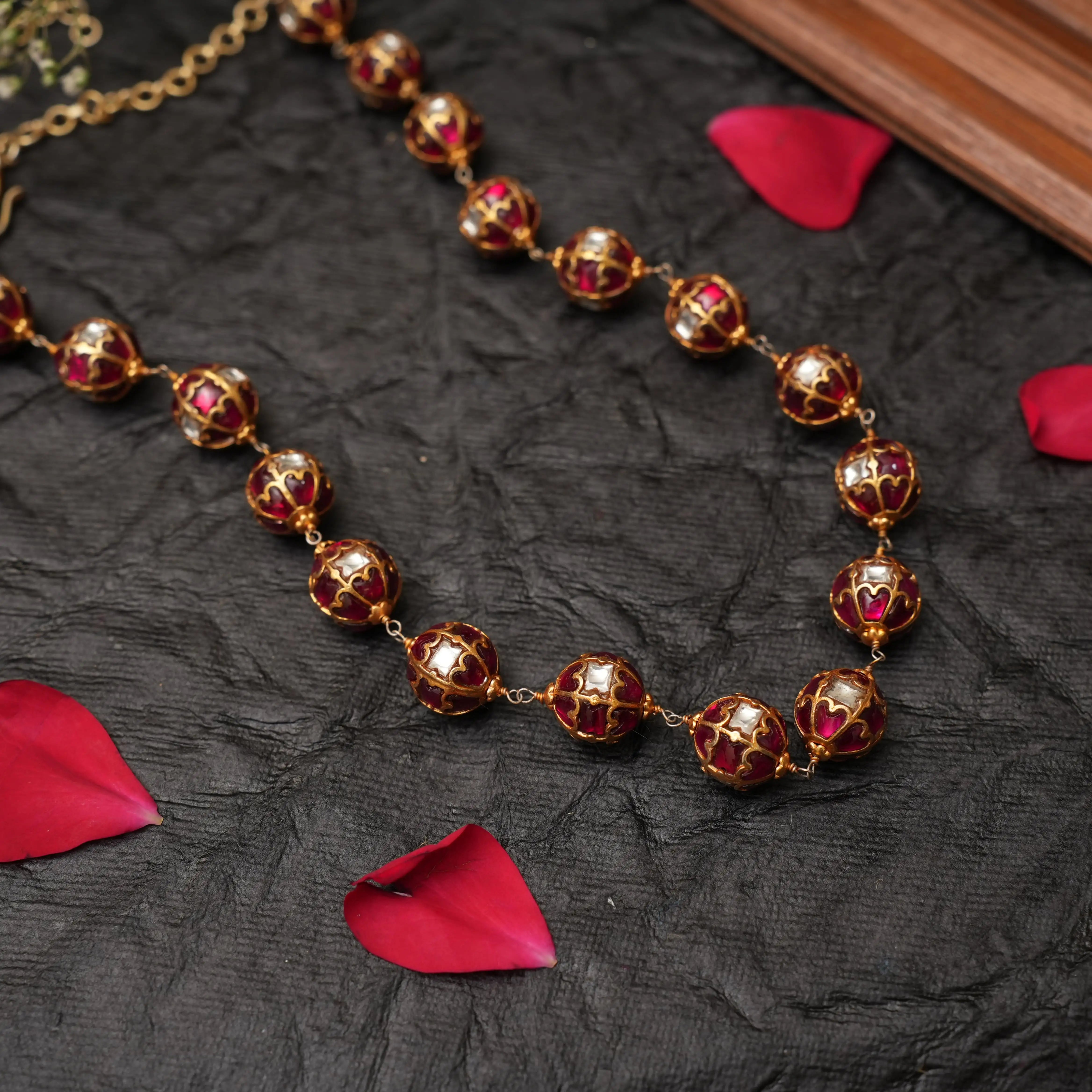 Veida Silver Beaded Necklace - Reddish Pink