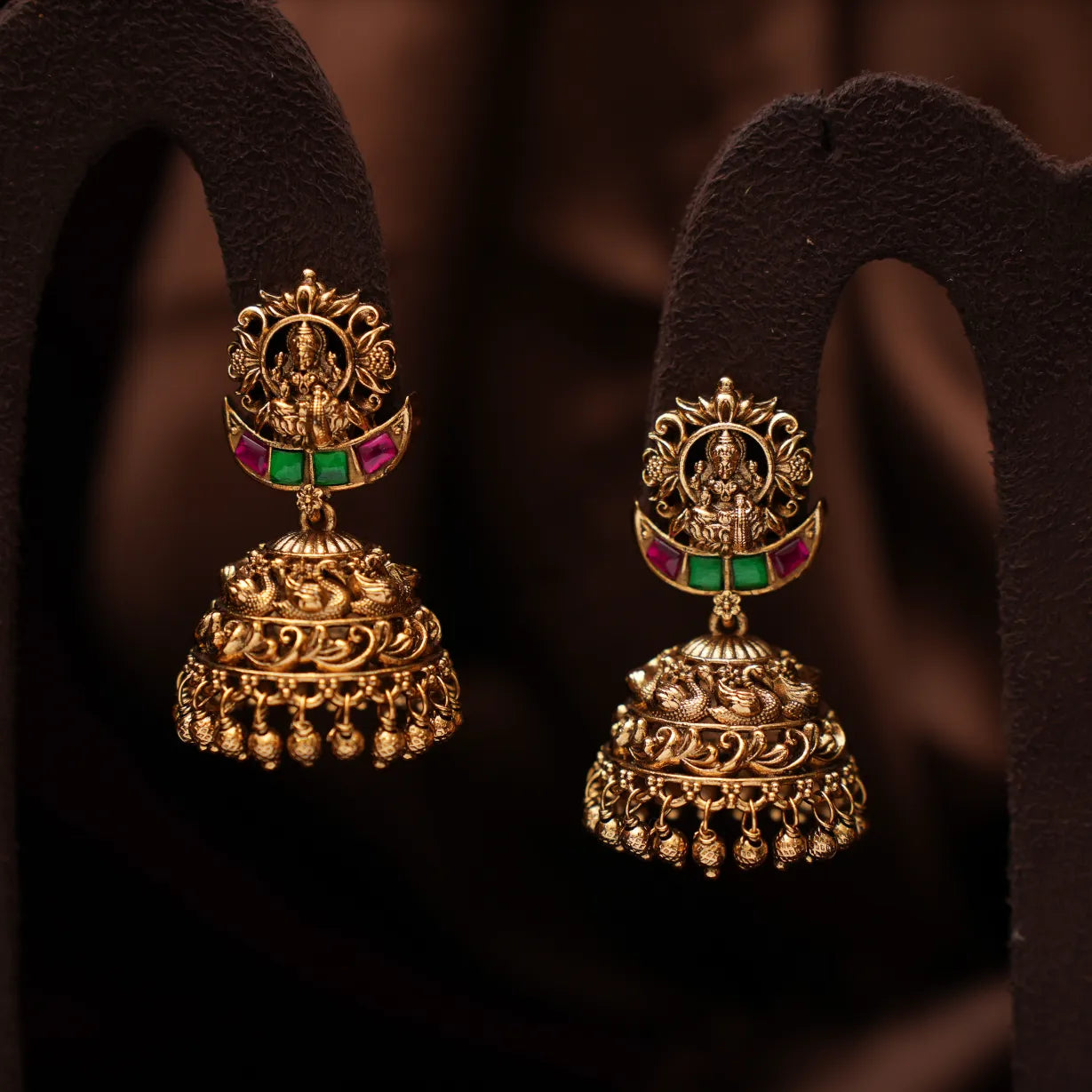 Vidhatri Antique Jhumka Earrings - Red & Green
