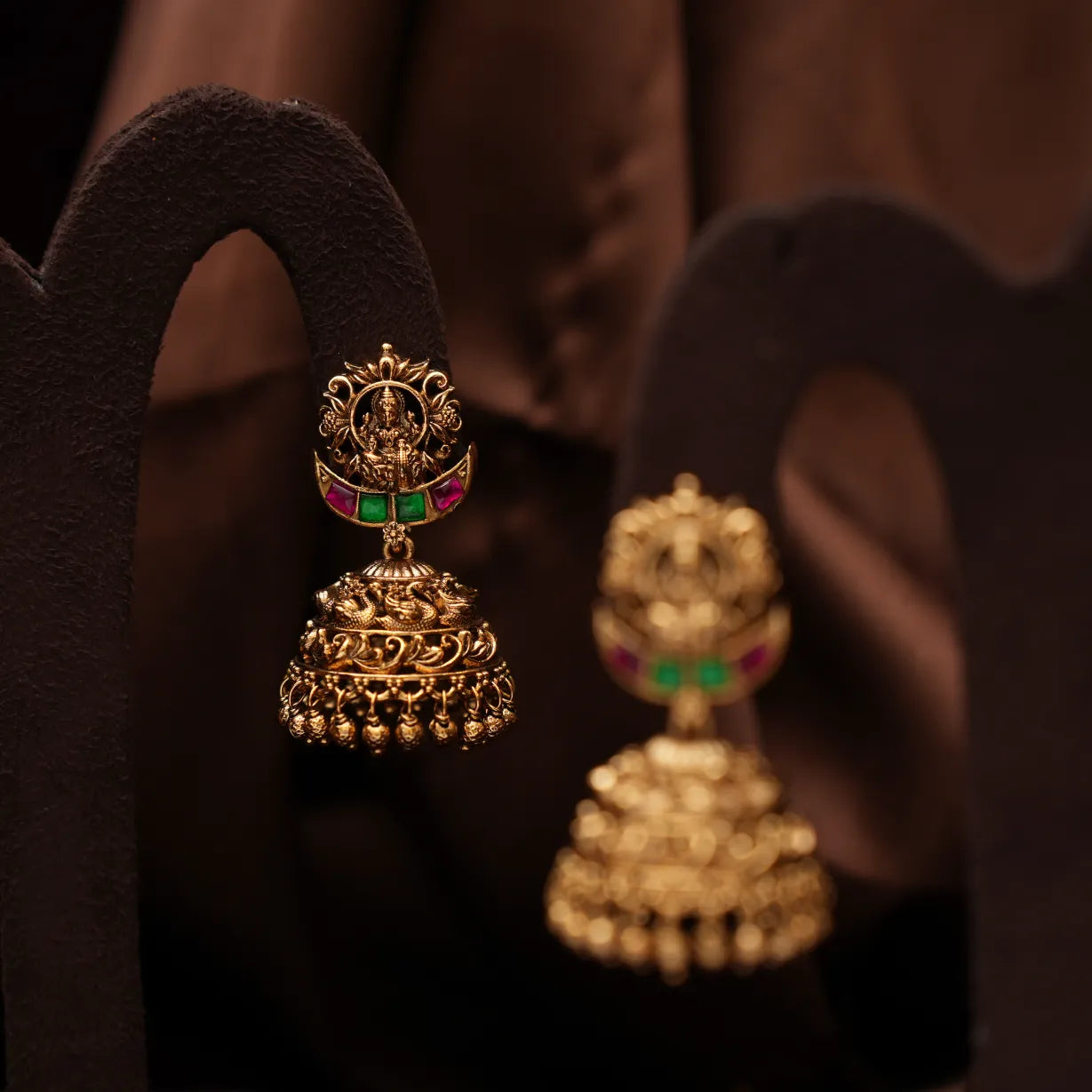 Vidhatri Antique Jhumka Earrings - Red & Green