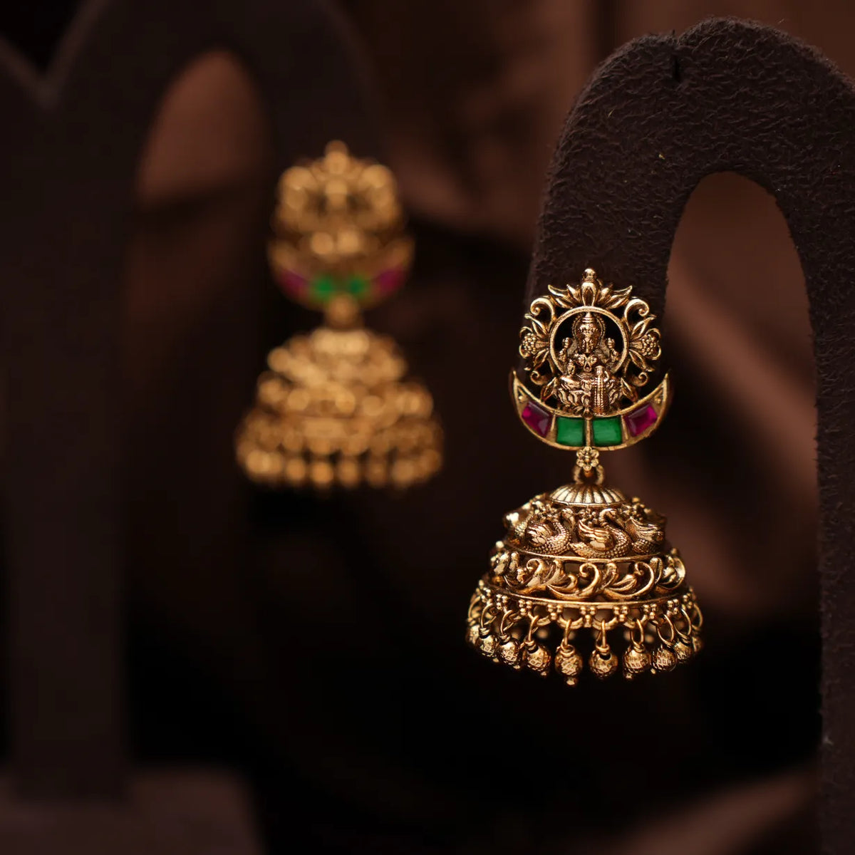 Vidhatri Antique Jhumka Earrings - Red & Green