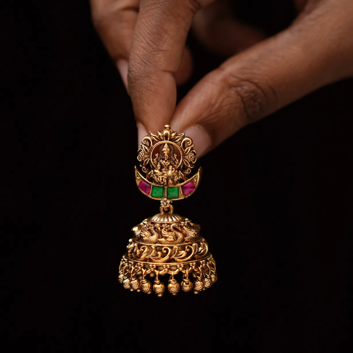 Vidhatri Antique Jhumka Earrings - Red & Green