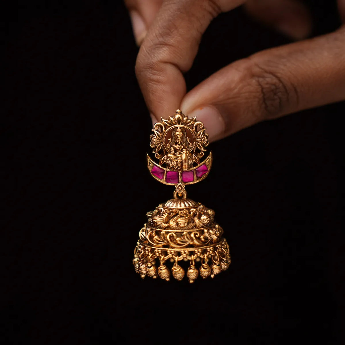 Vidhatri Antique Jhumka Earrings - Red
