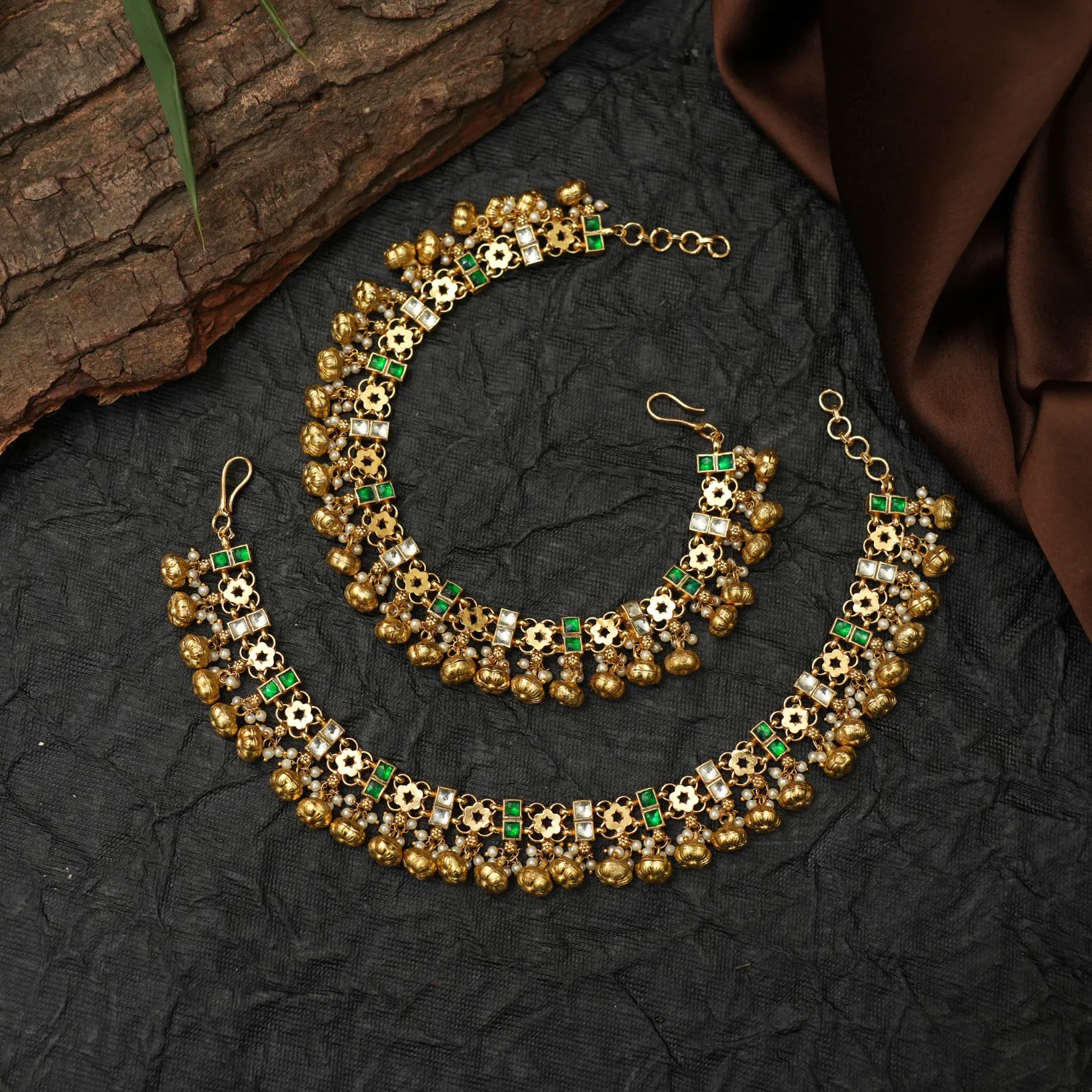 Vishesh Polki Anklets - Green