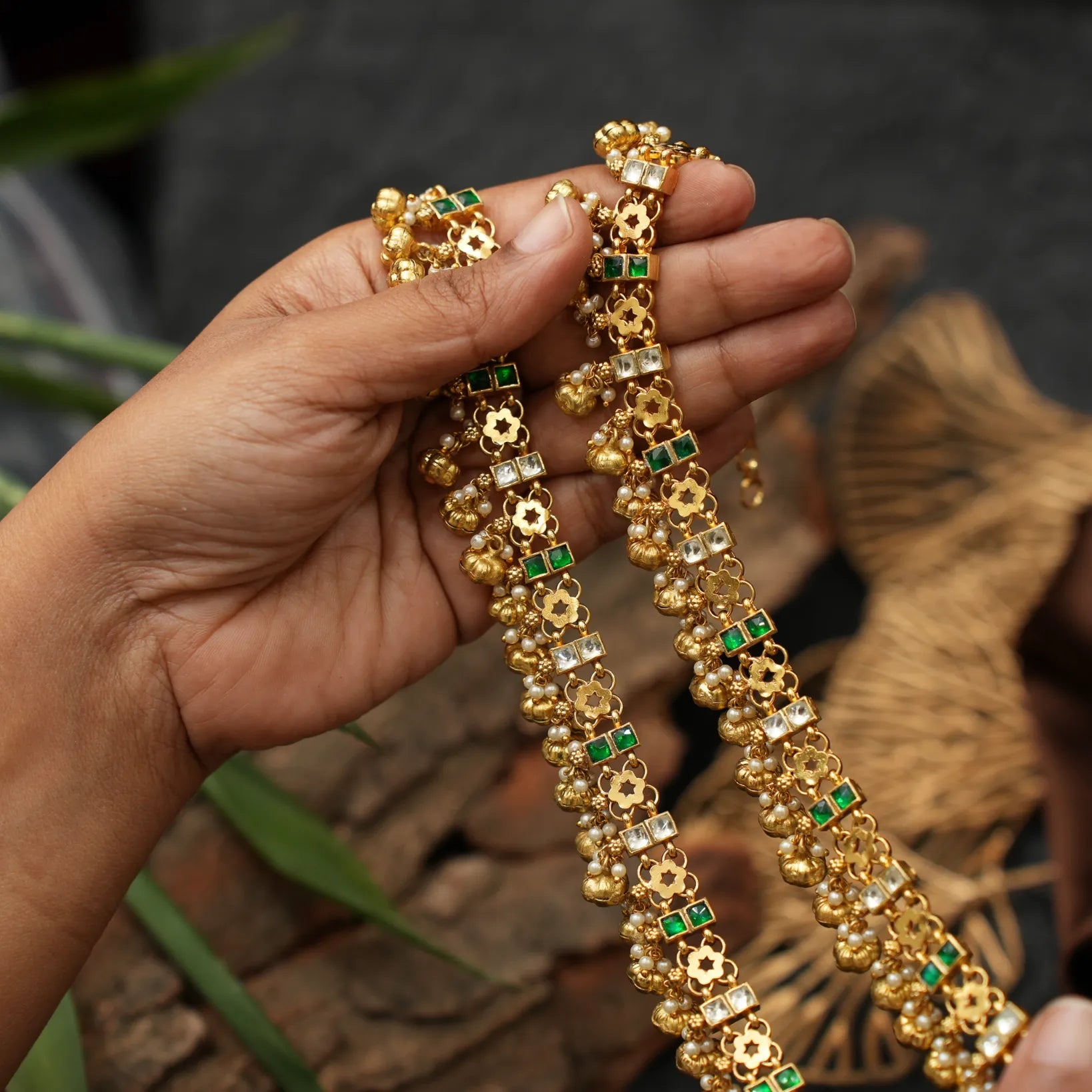 Vishesh Polki Anklets - Green