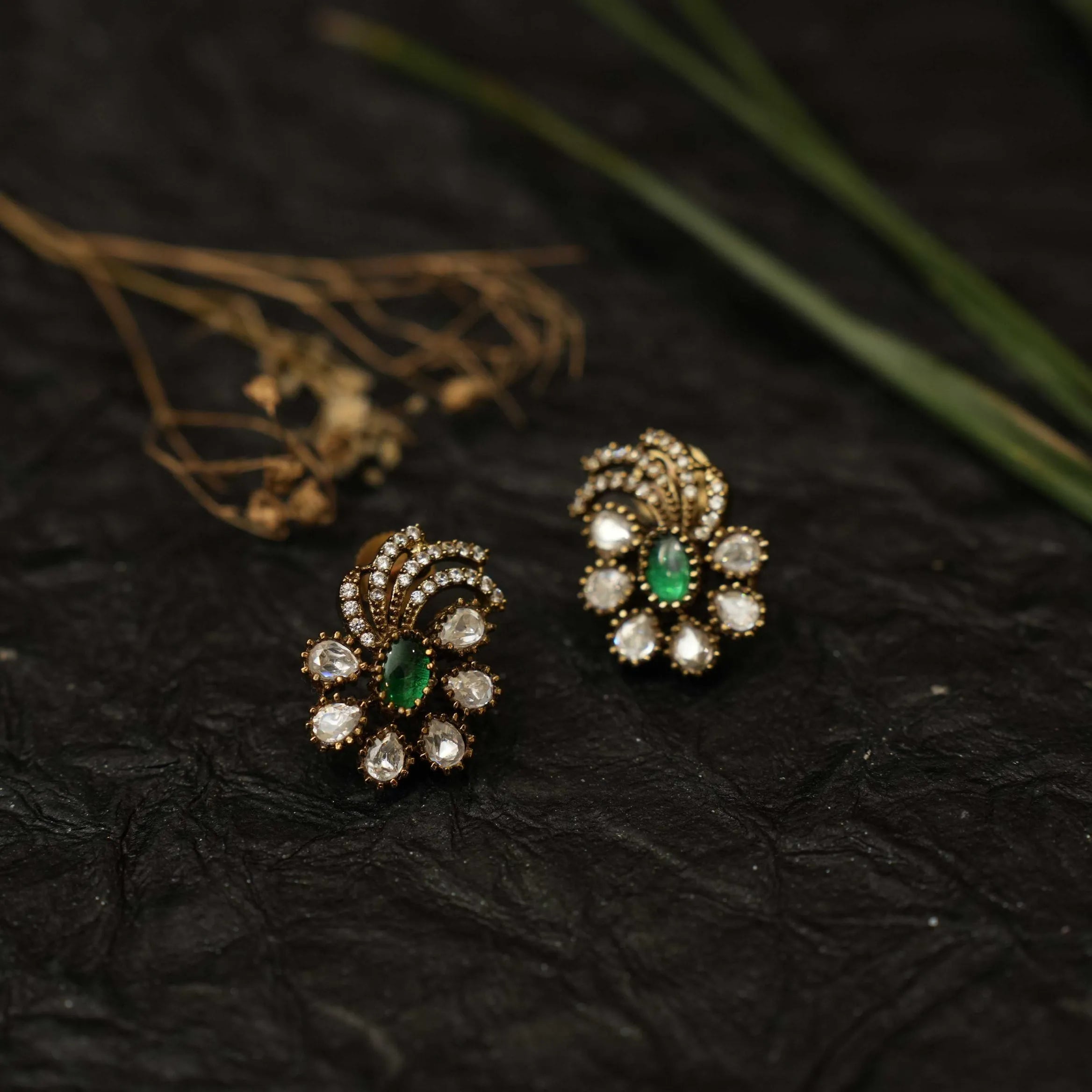 Vismi Victorian Kundan Earrings - Dark Green