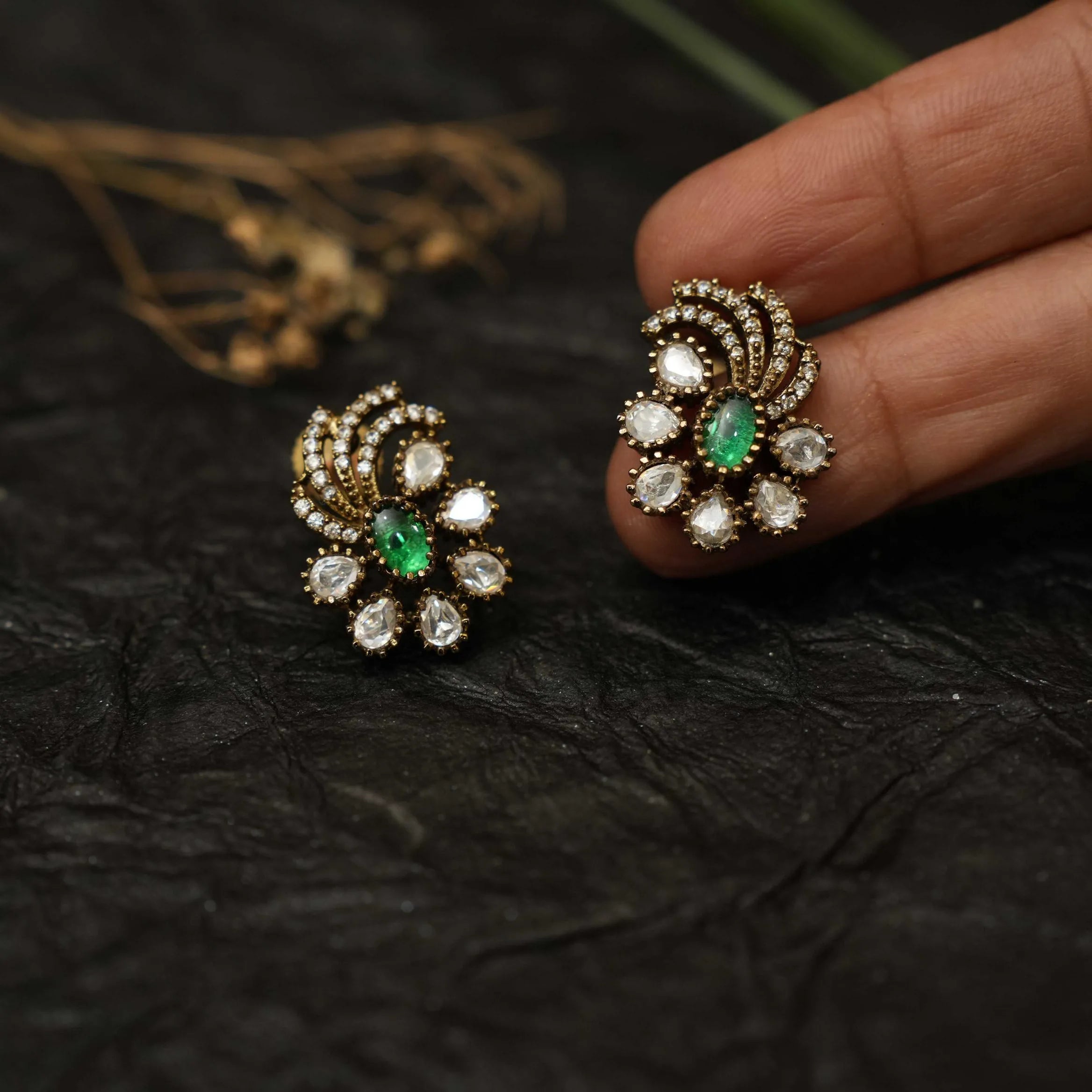 Vismi Victorian Kundan Earrings - Dark Green