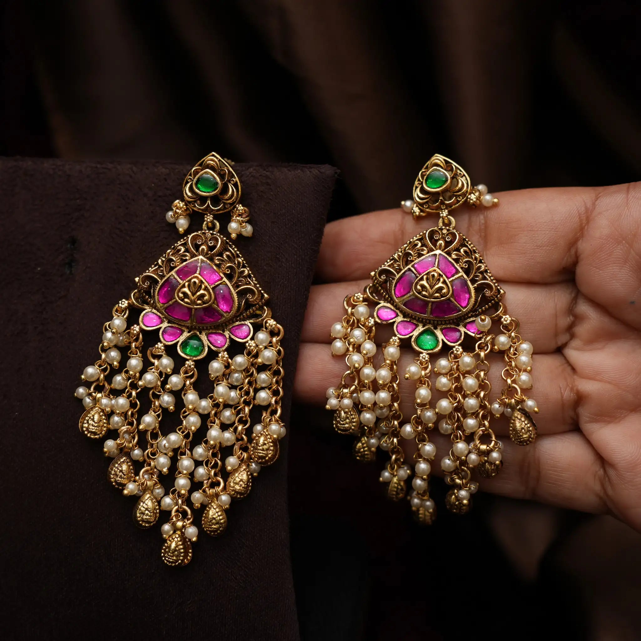 Vritika Antique Designer Earrings - Red & Green