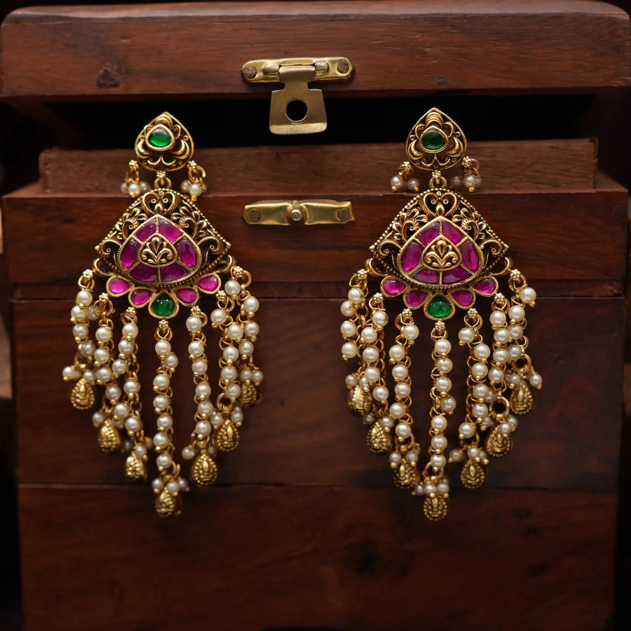 Vritika Antique Designer Earrings - Red & Green