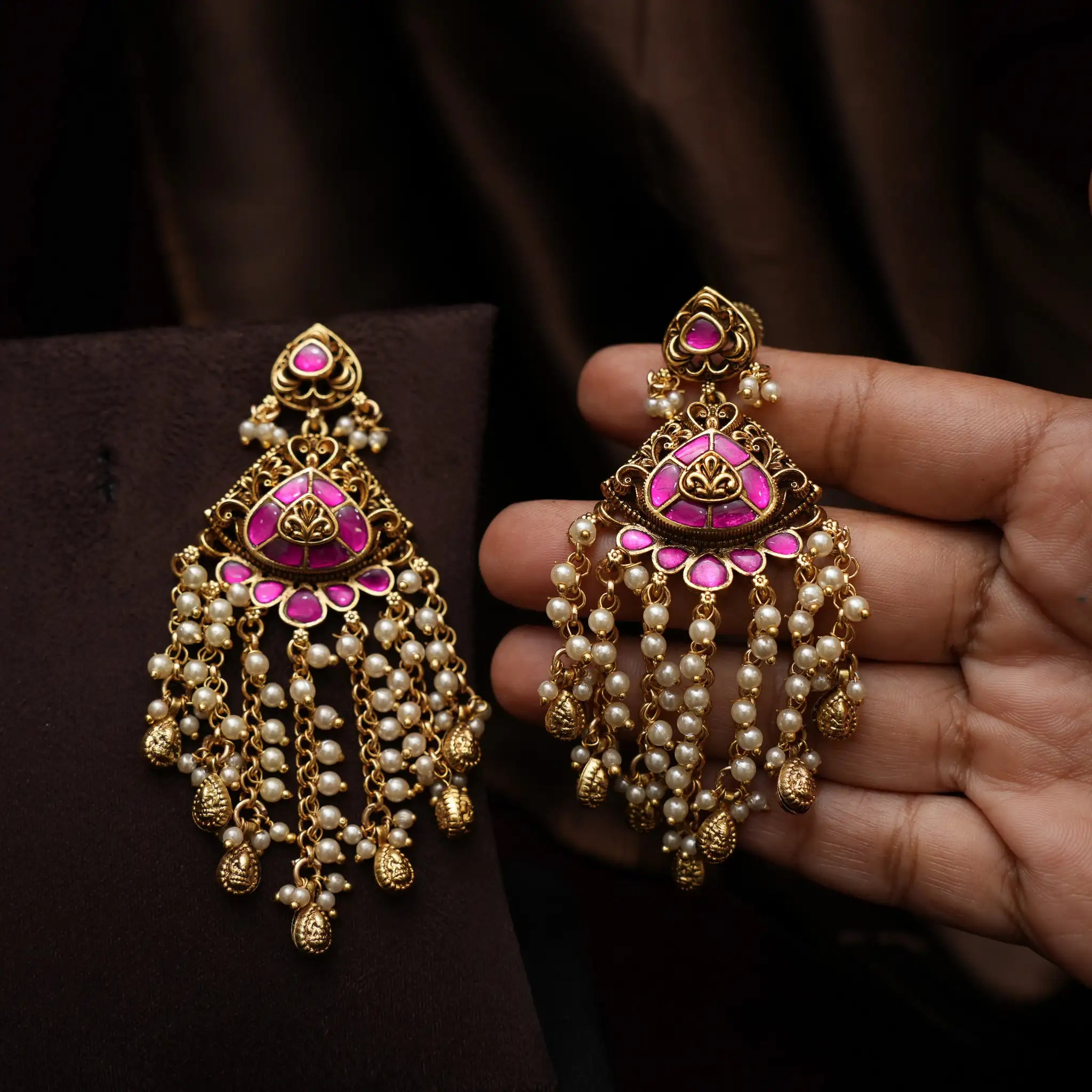 Vritika Antique Designer Earrings - Reddish Pink