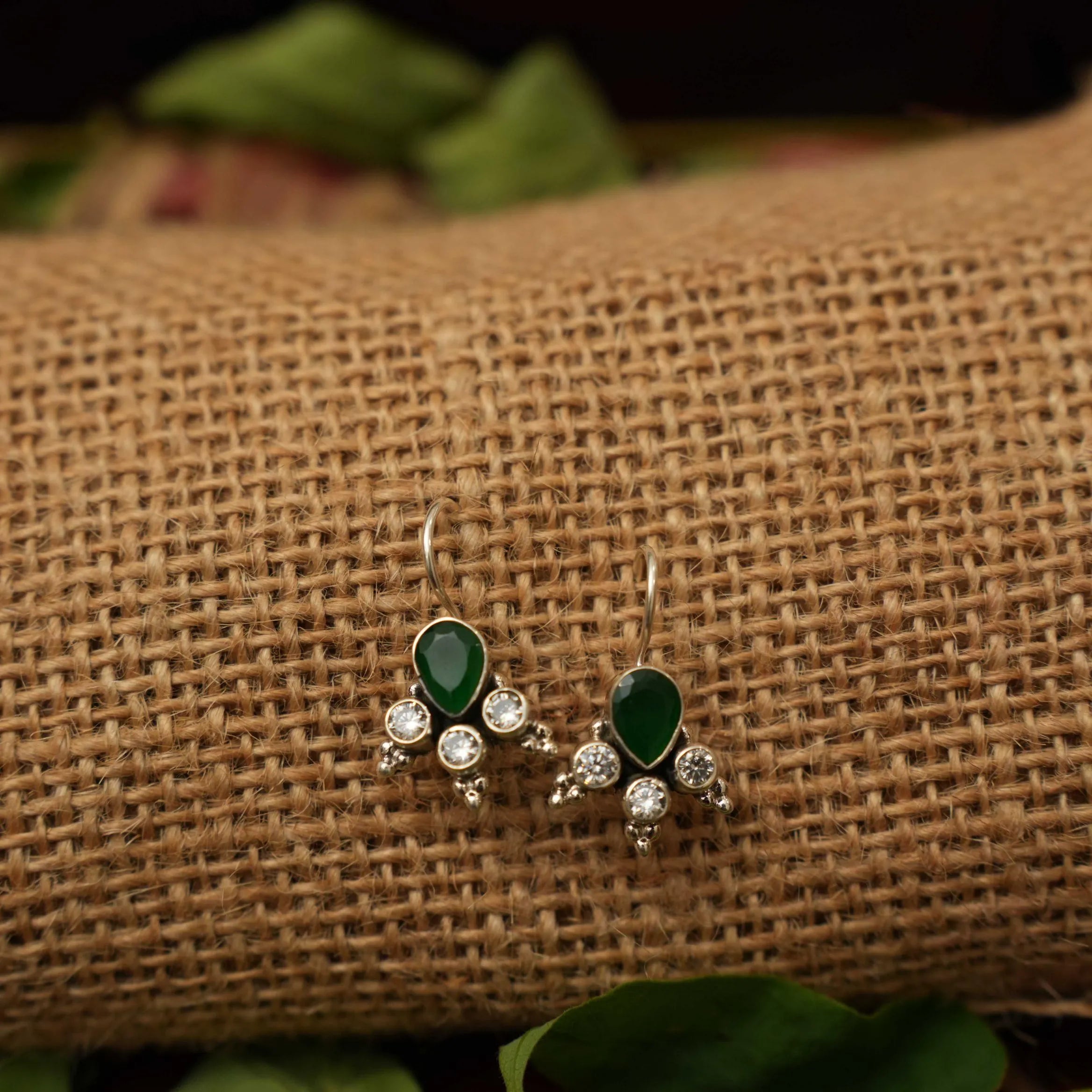 Yavana Silver Oxidised Earrings - Green