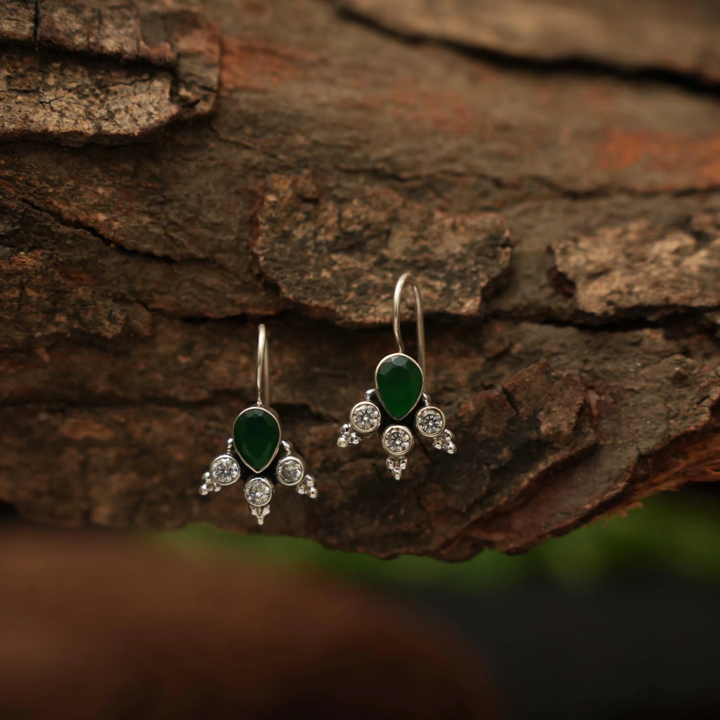 Yavana Silver Oxidised Earrings - Green