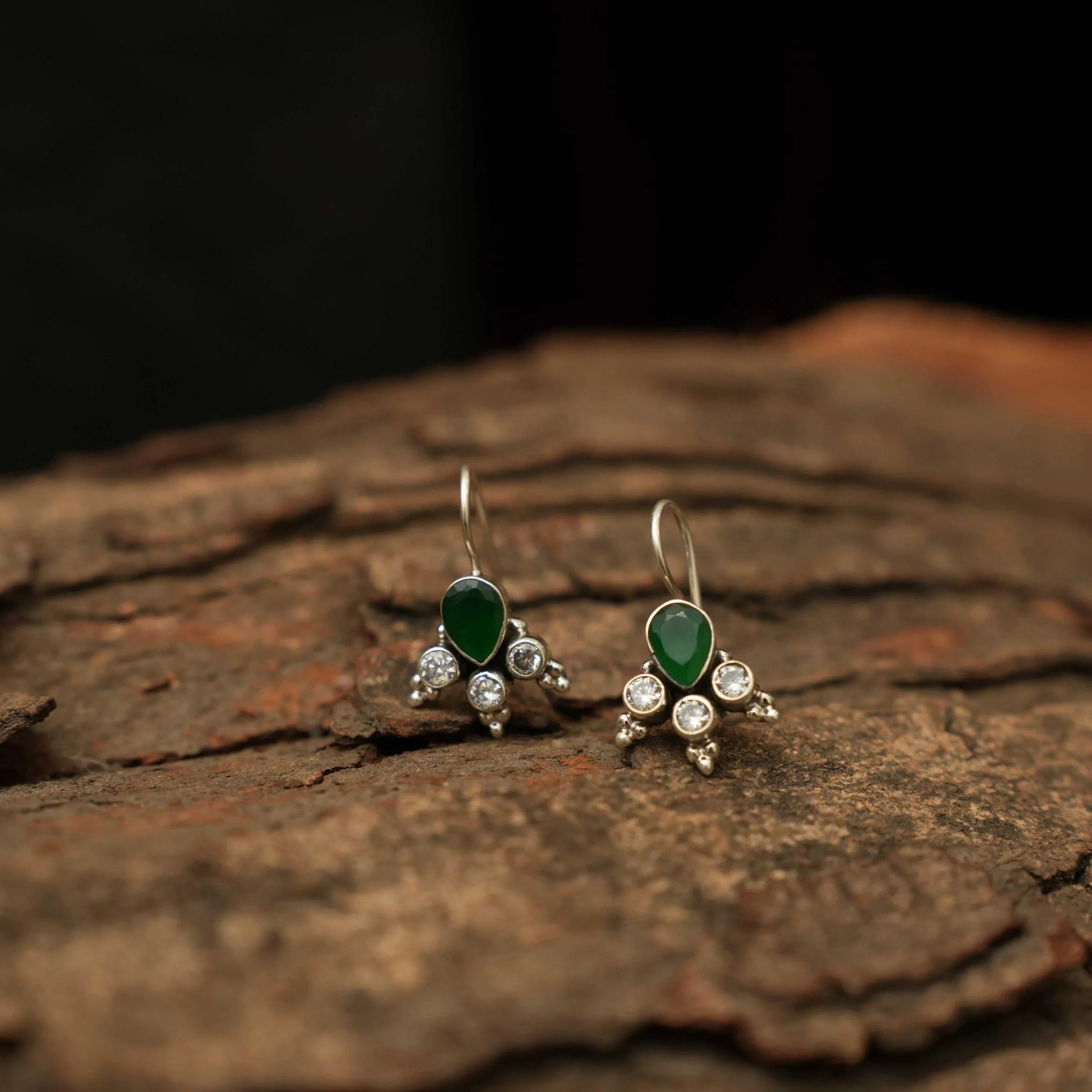 Yavana Silver Oxidised Earrings - Green