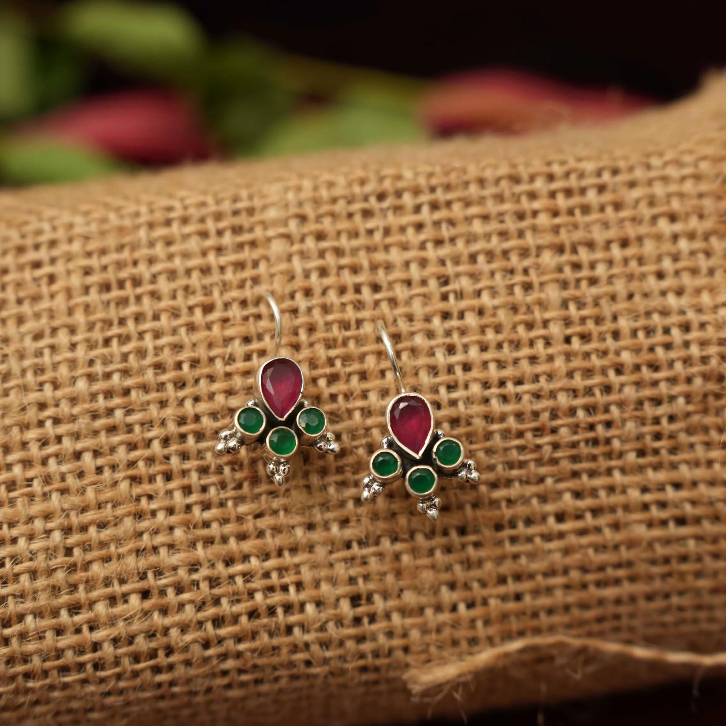 Yavana Silver Oxidised Earrings - Red & Green