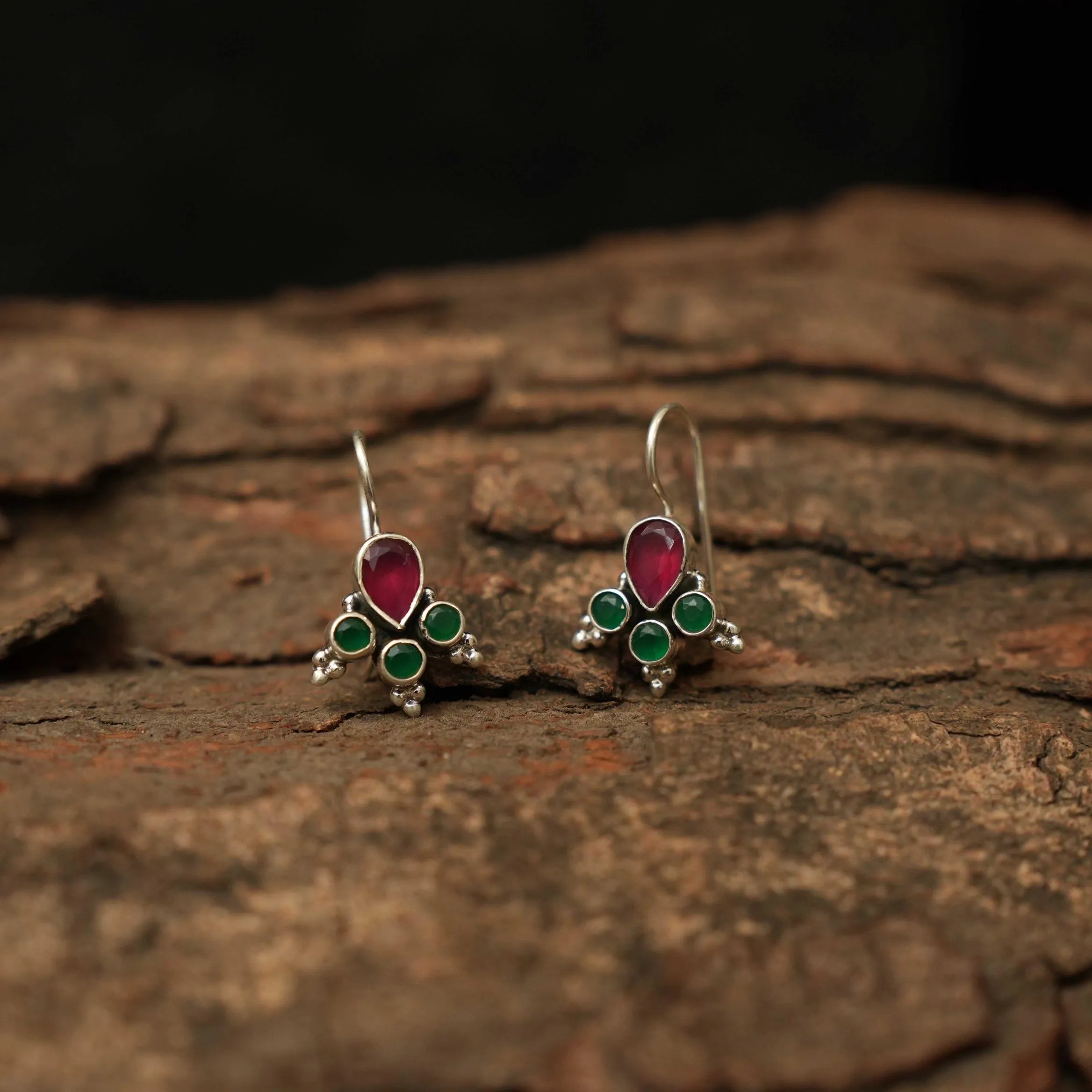 Yavana Silver Oxidised Earrings - Red & Green