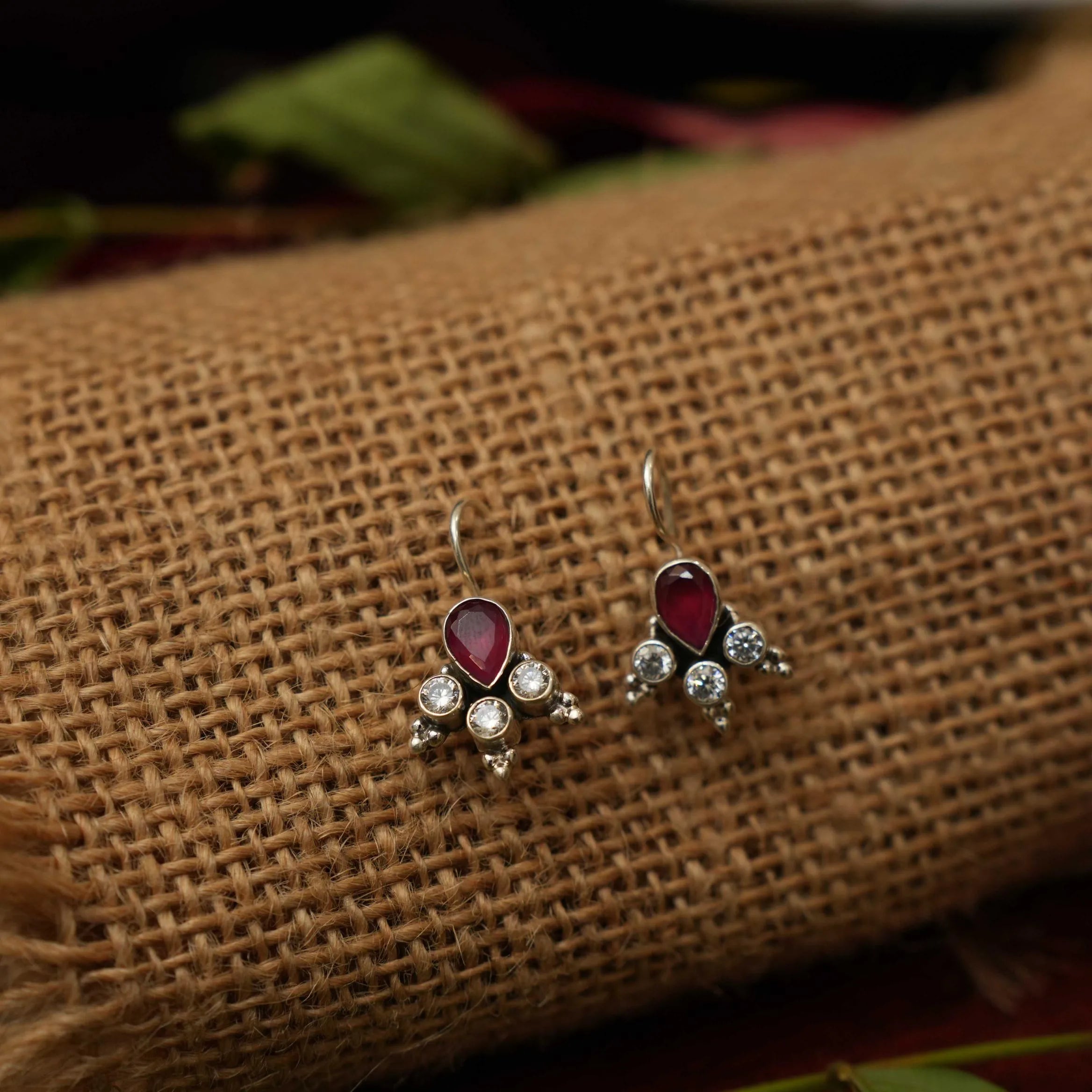 Yavana Silver Oxidised Earrings - Red