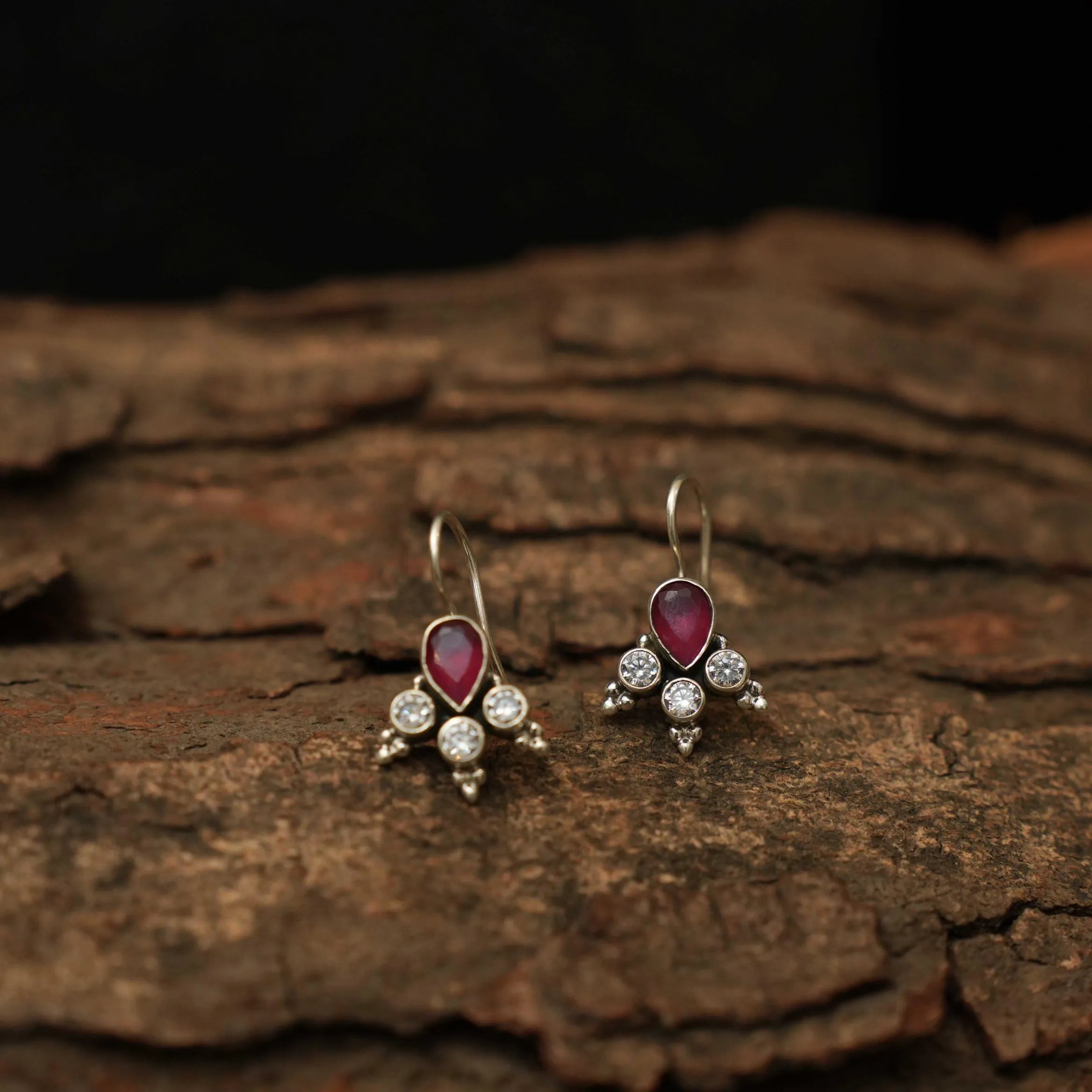 Yavana Silver Oxidised Earrings - Red