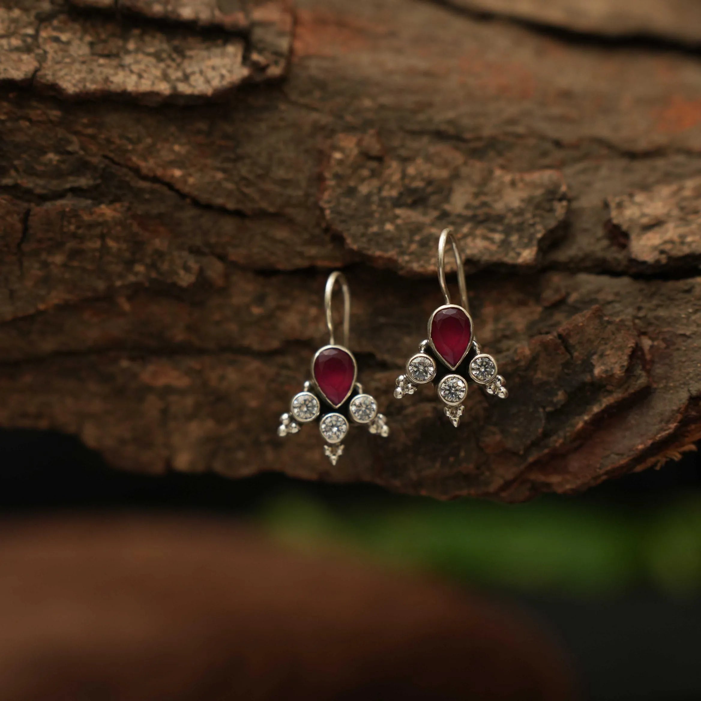 Yavana Silver Oxidised Earrings - Red