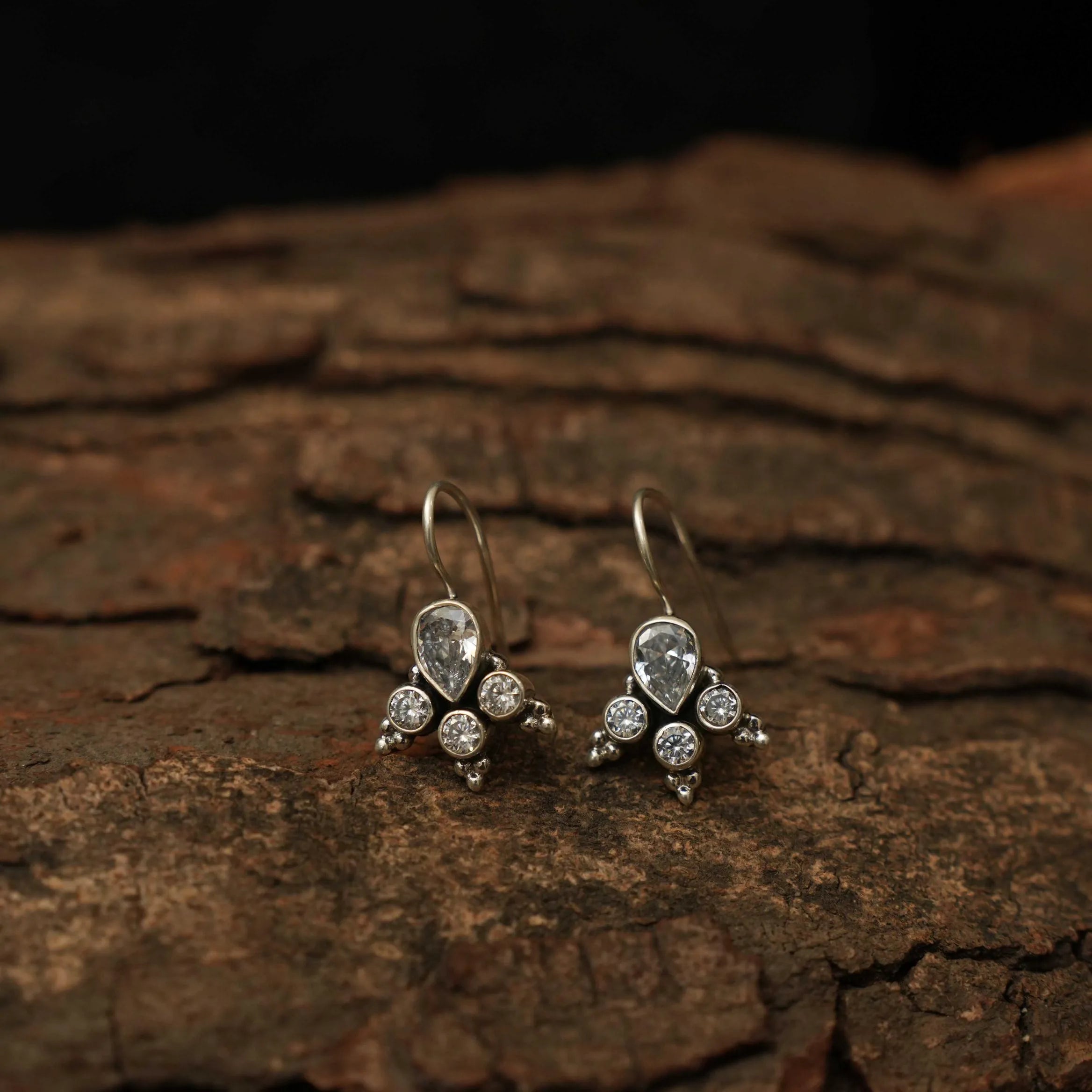 Yavana Silver Oxidised Earrings - White