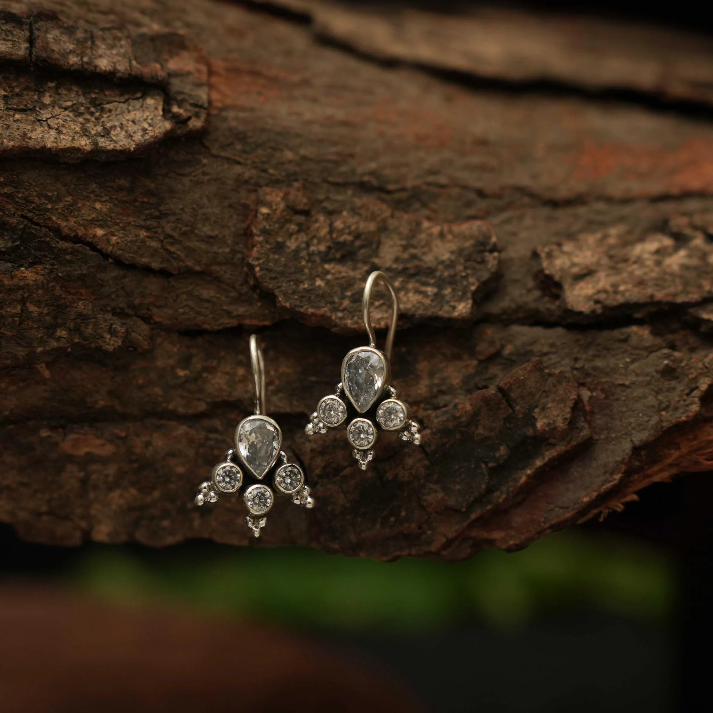 Yavana Silver Oxidised Earrings - White