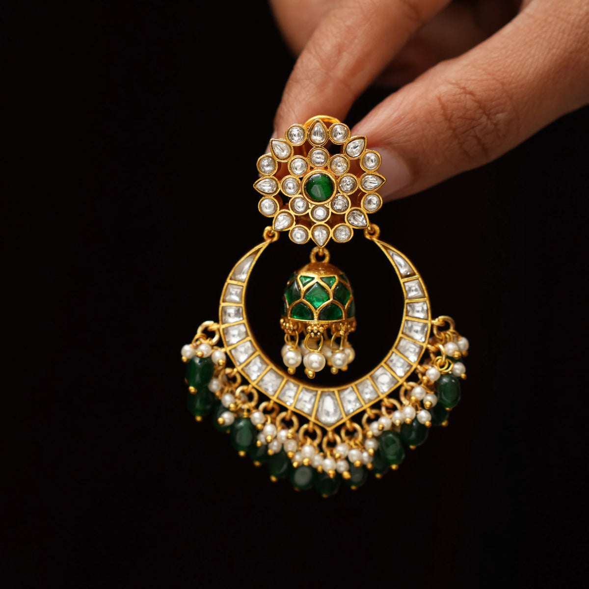 Tara Polki Chandbali Earrings - Green