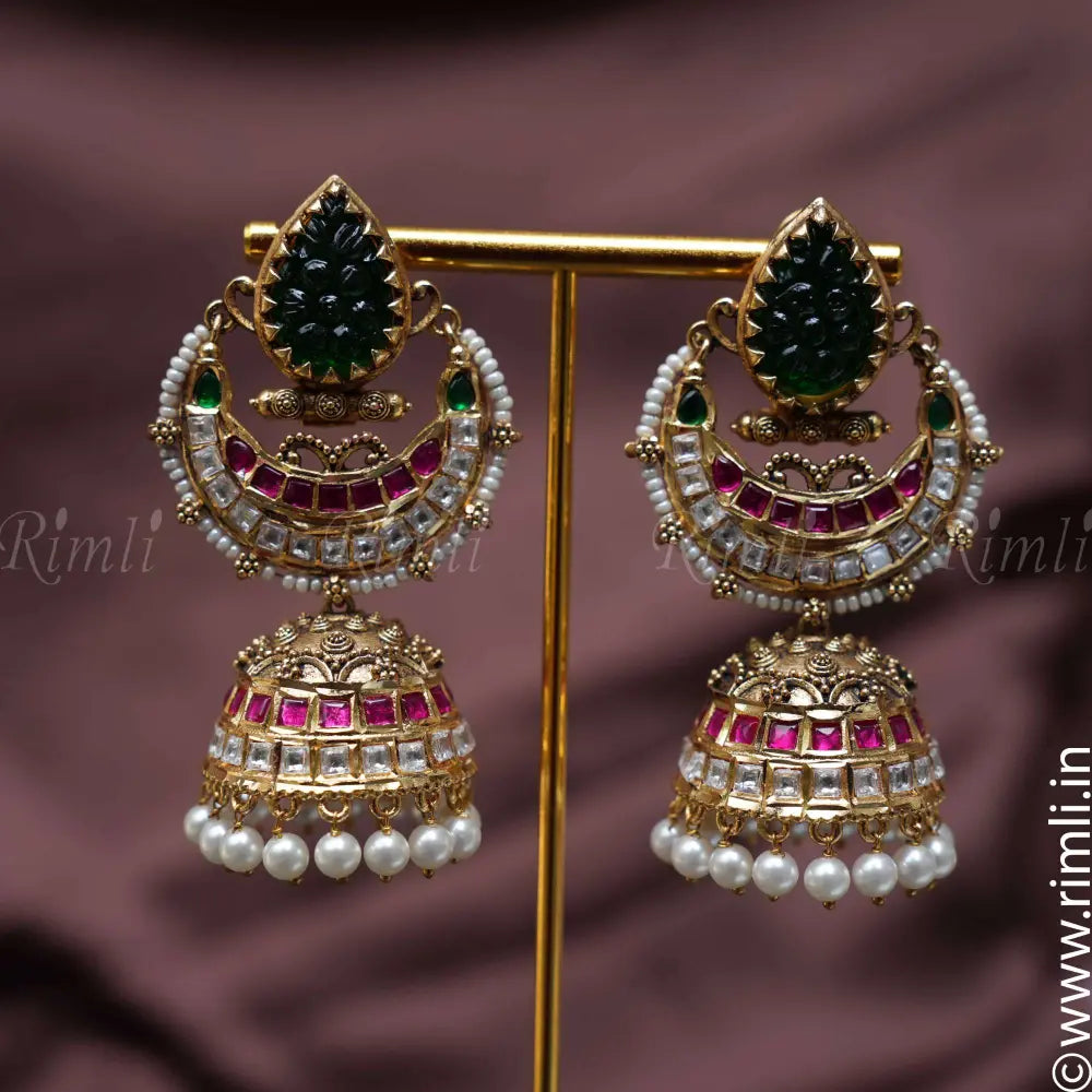 RIMA: Jhumka Earrings With Chain / Green Gold Plated indian Pakistani  Bangladeshi South Asian Desi Bridal Nikkah Wedding Bollywood - Etsy