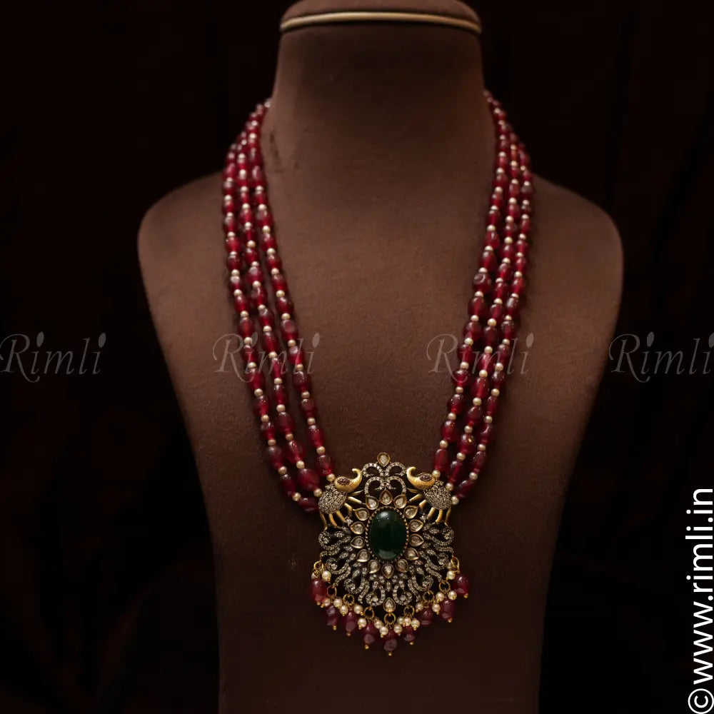 Deeptha Victorian Beaded Necklace - Red & Green