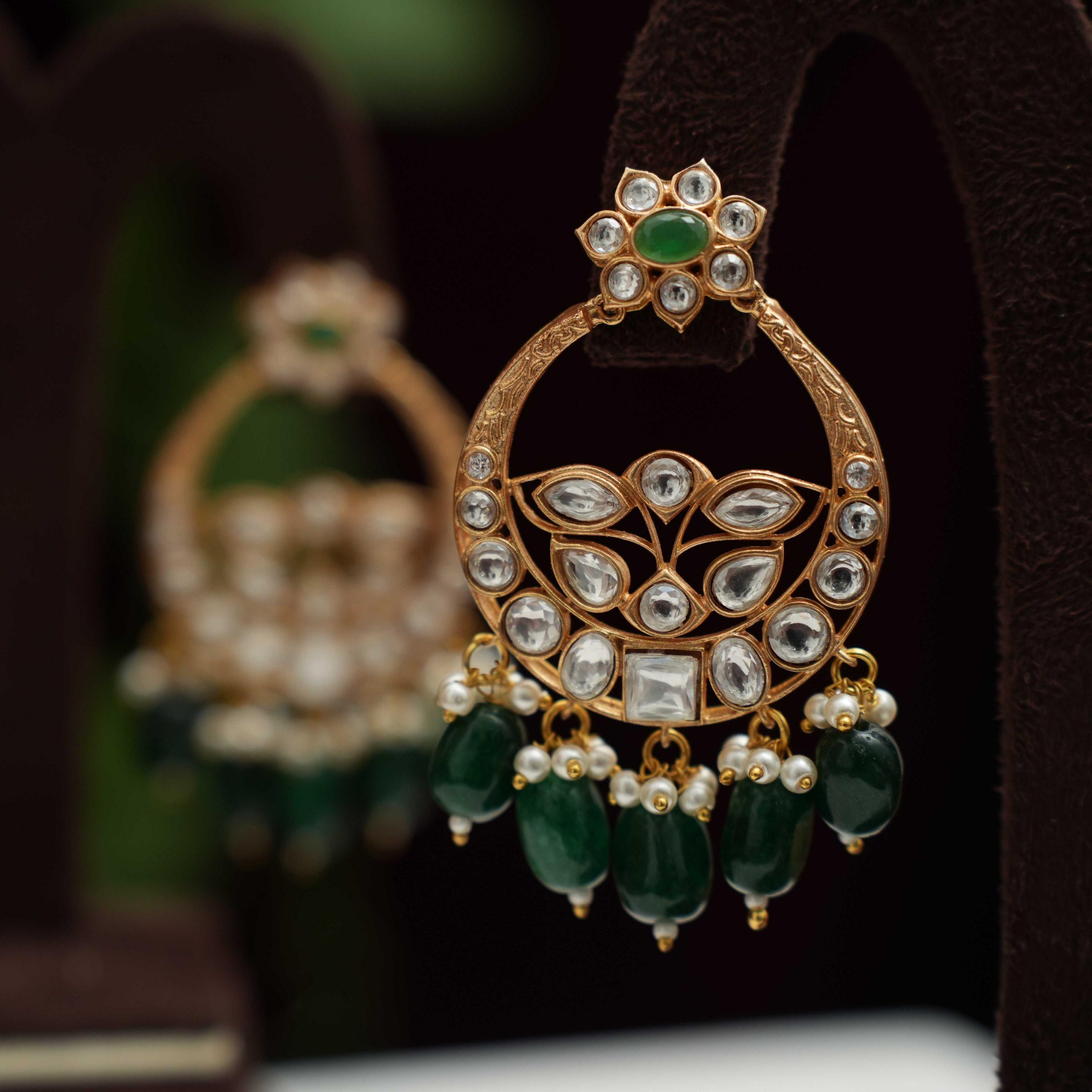 Falisha Chandbali Earrings - Dark Green