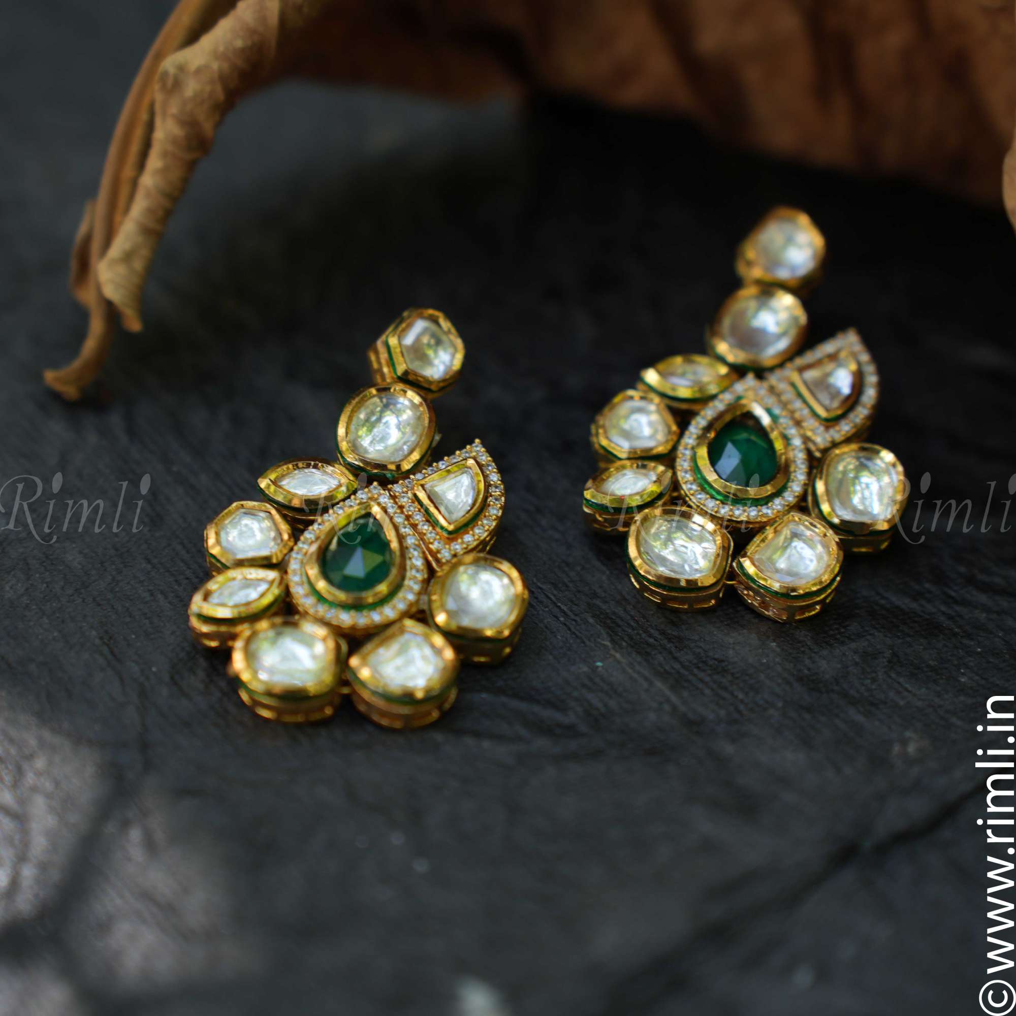 Geometric Kundan Earrings - Green