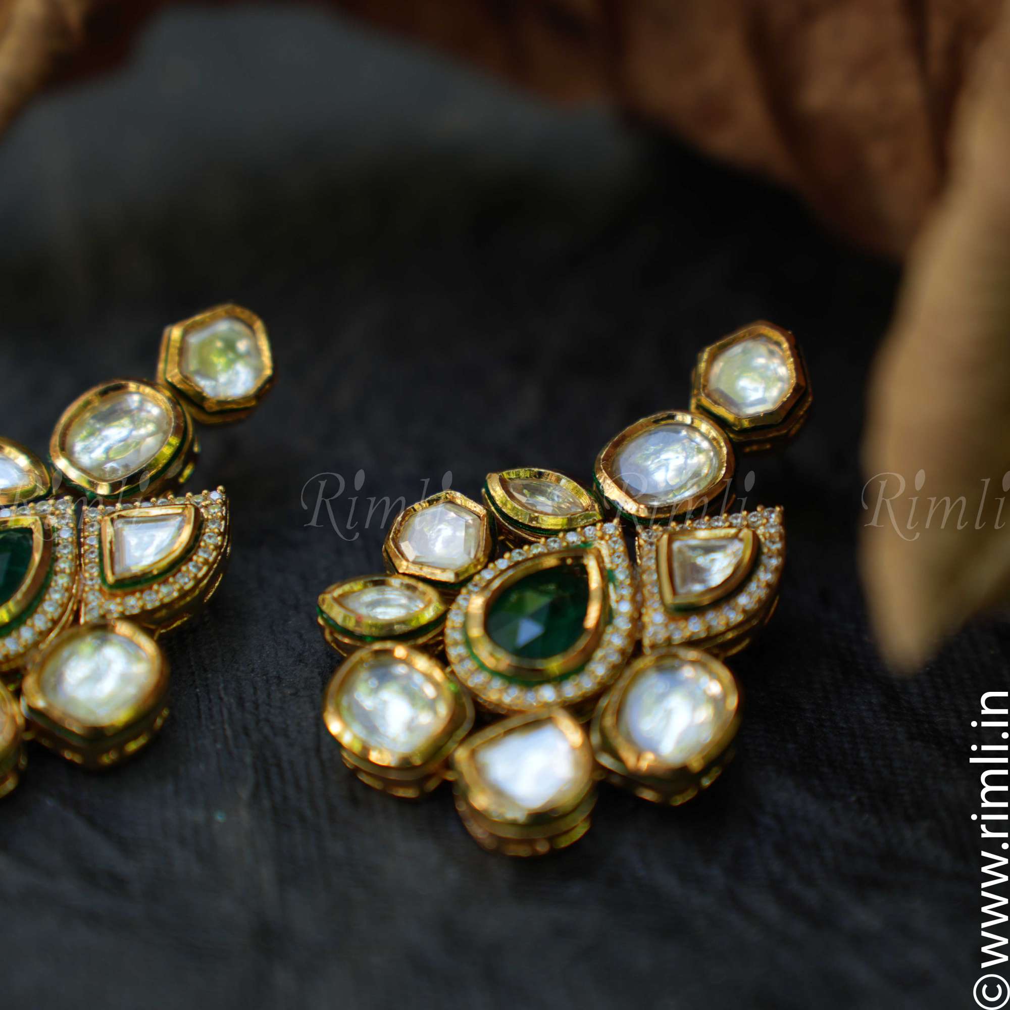 Geometric Kundan Earrings - Green
