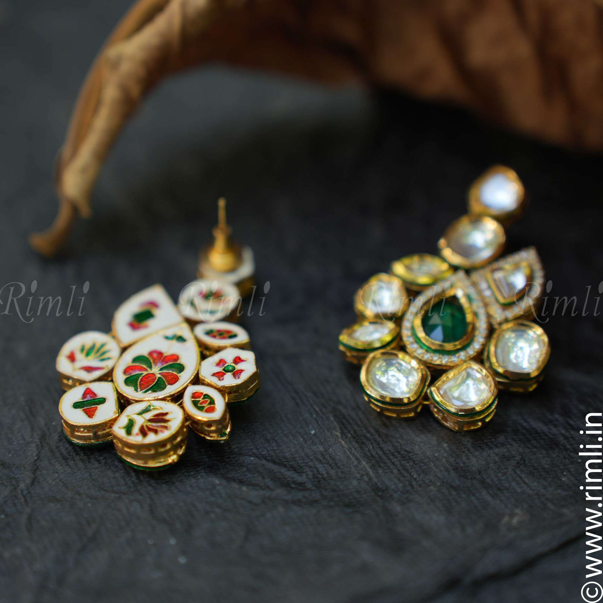 Geometric Kundan Earrings - Green