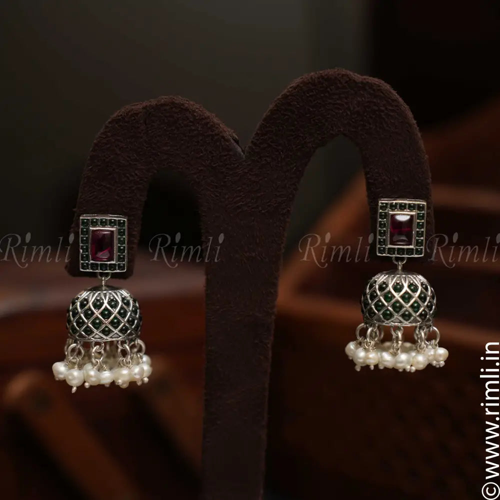 Gamya Silver Jhumka - Green