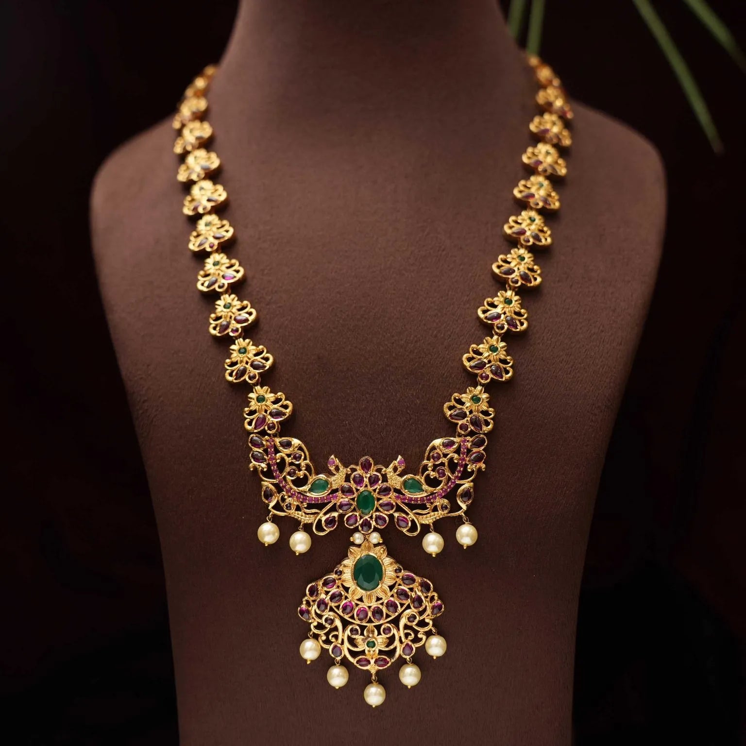 Traditional Temple Necklace Set With Red and Green Stones